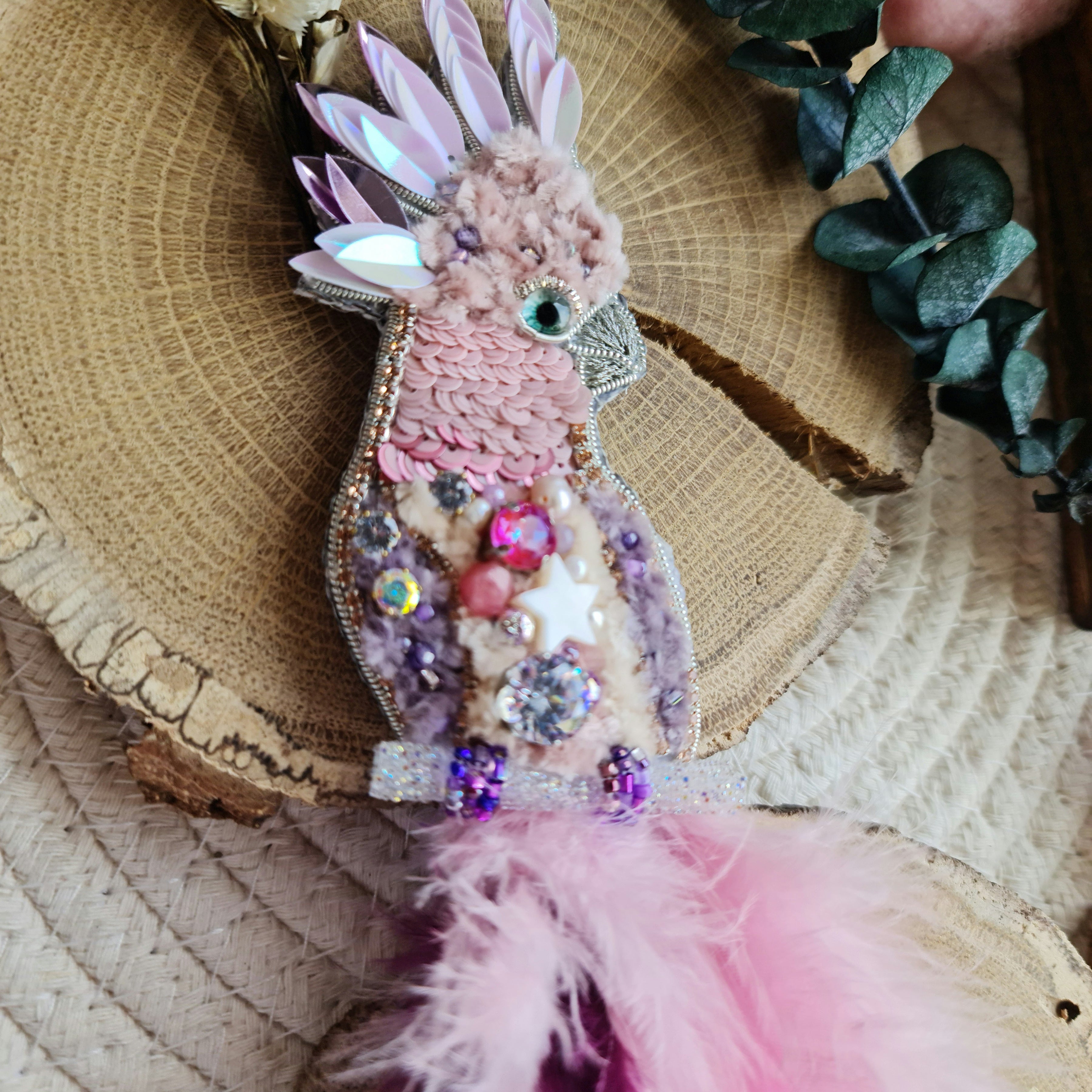 Pink cockatoo beaded brooch hand embroidered with beads crystals sequins and soft feather details