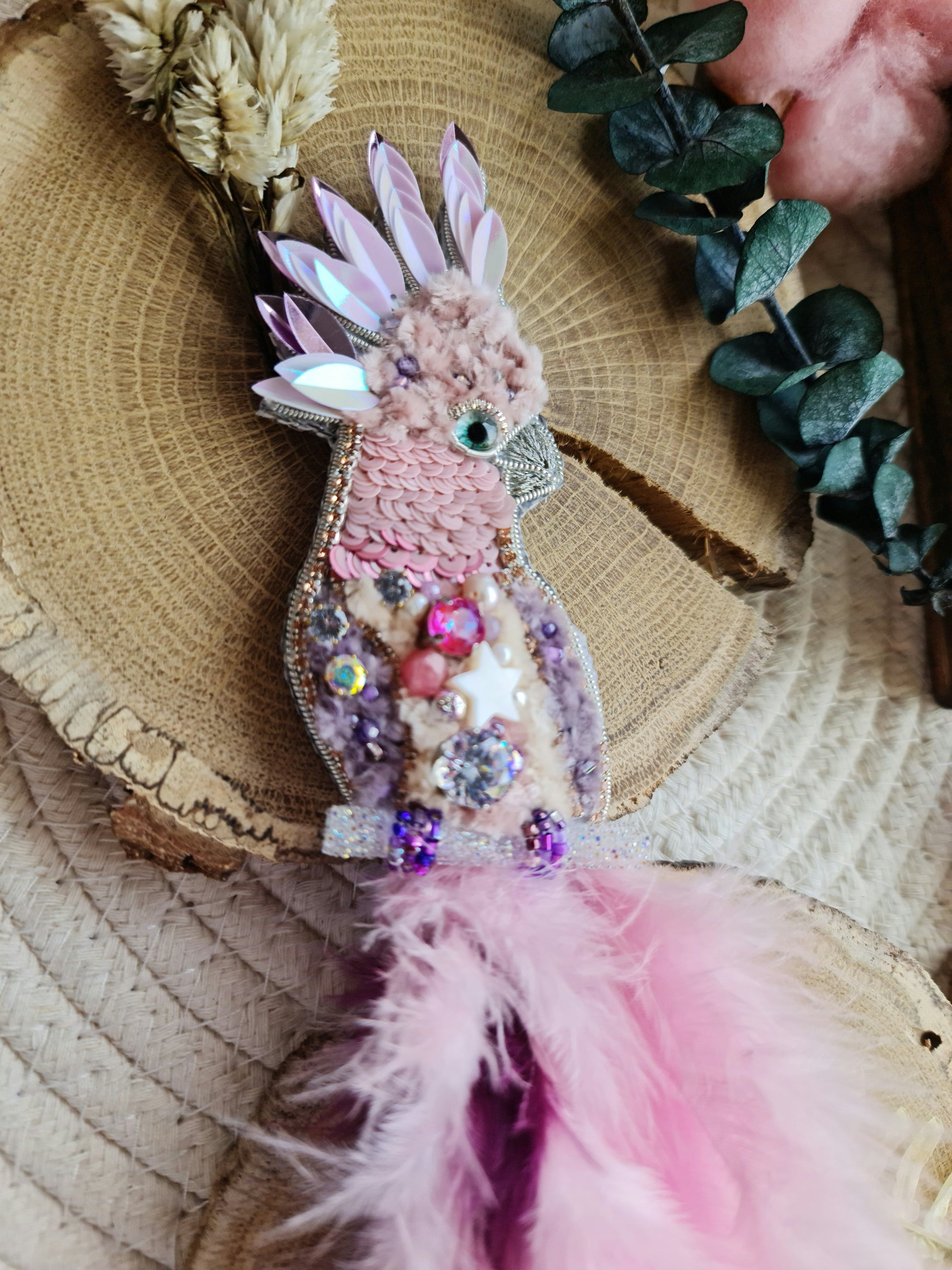 Pink cockatoo beaded brooch hand embroidered with beads crystals sequins and soft feather details