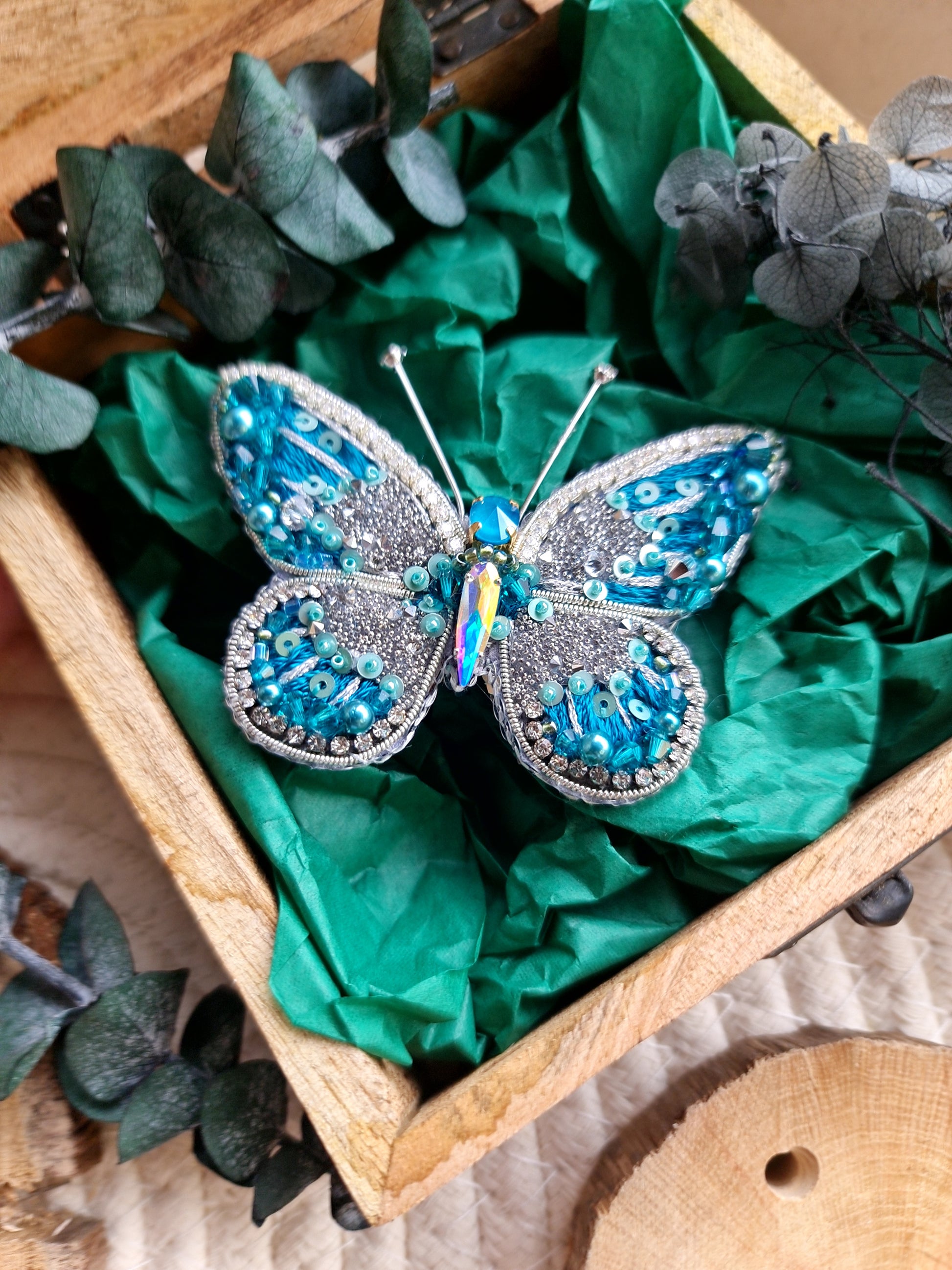 Butterfly Beaded Brooch, Hand Embroidered Insect Pin