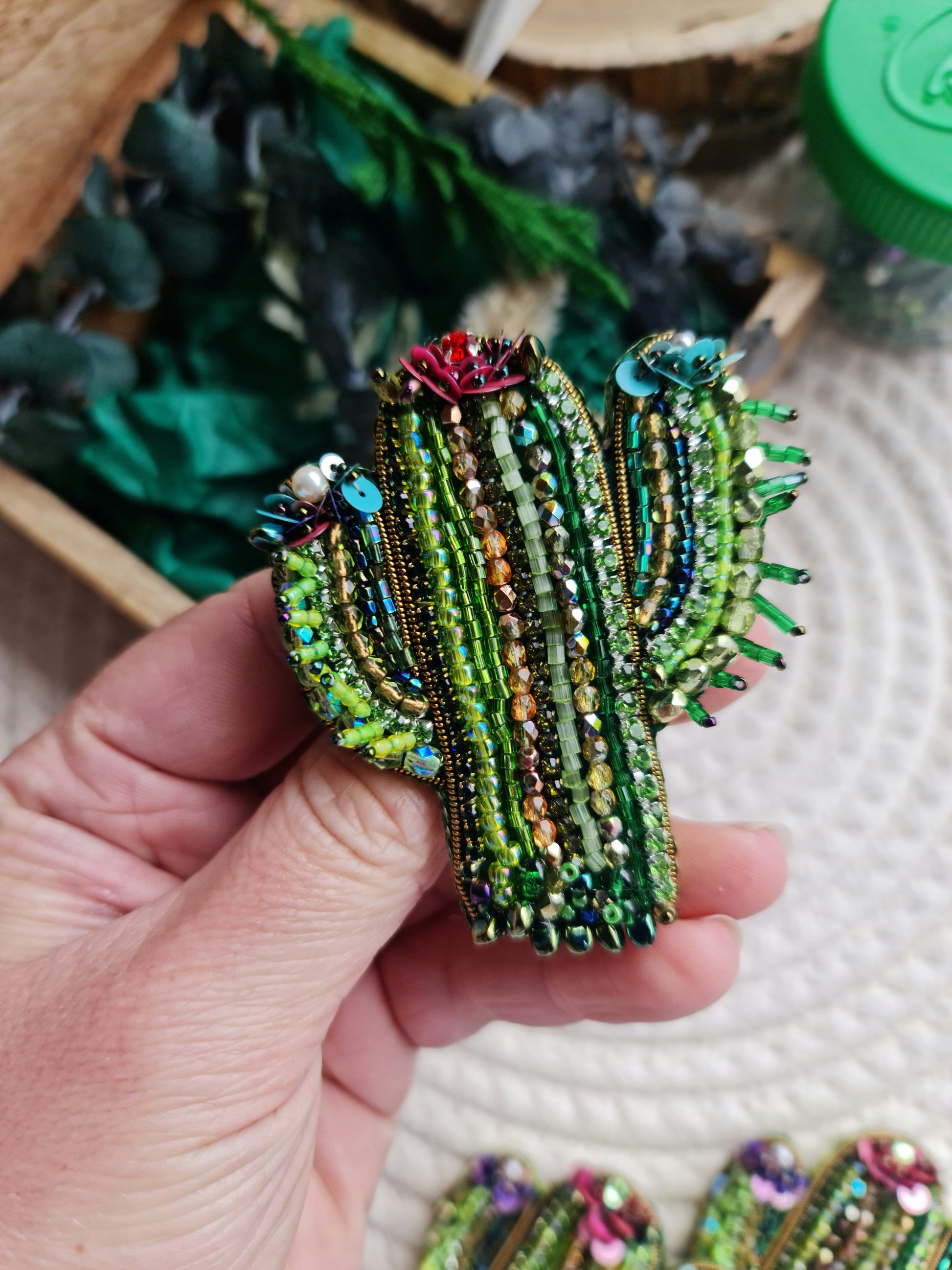 Green Cactus Beaded Brooch