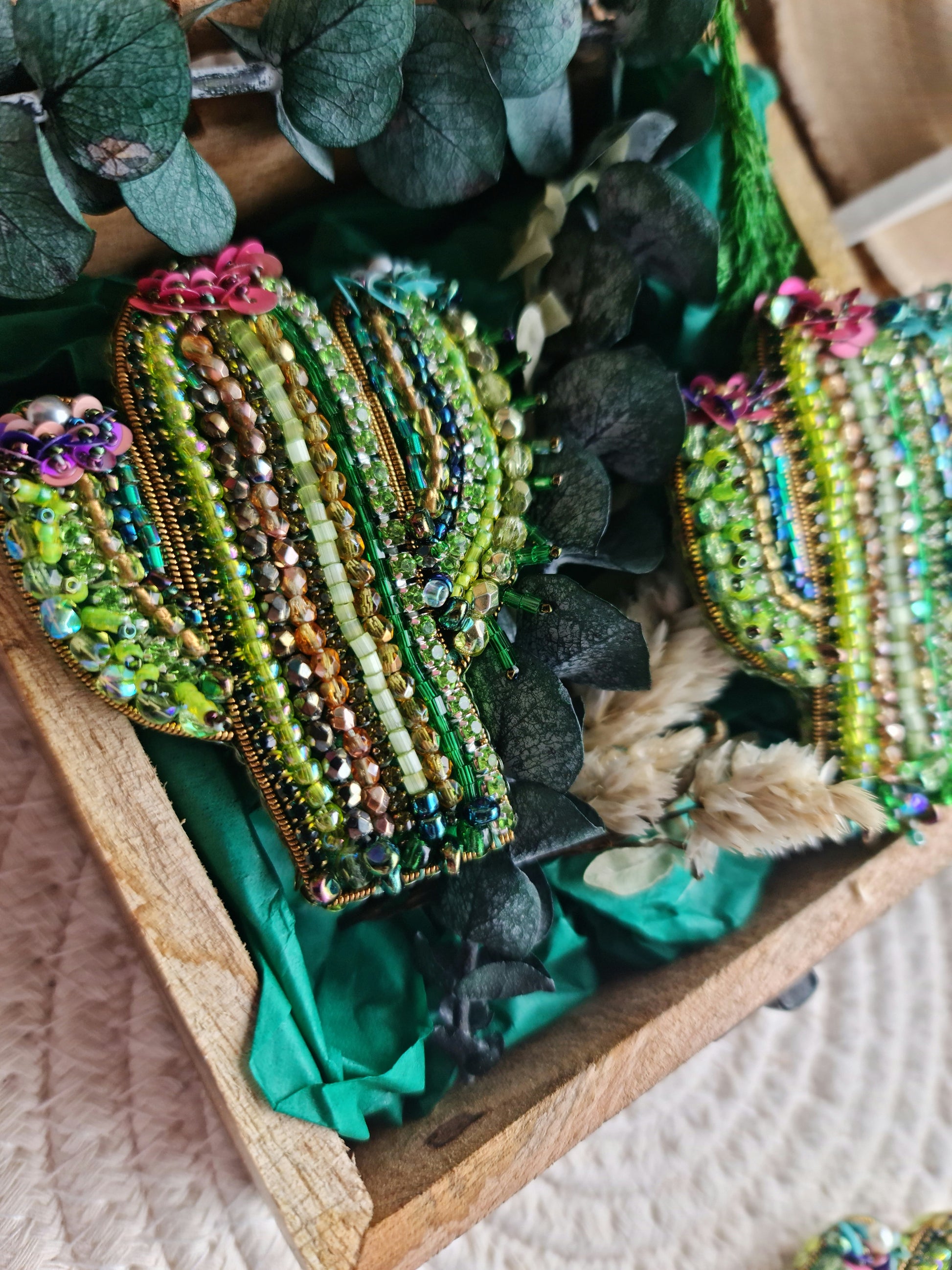 Green Cactus Beaded Brooch