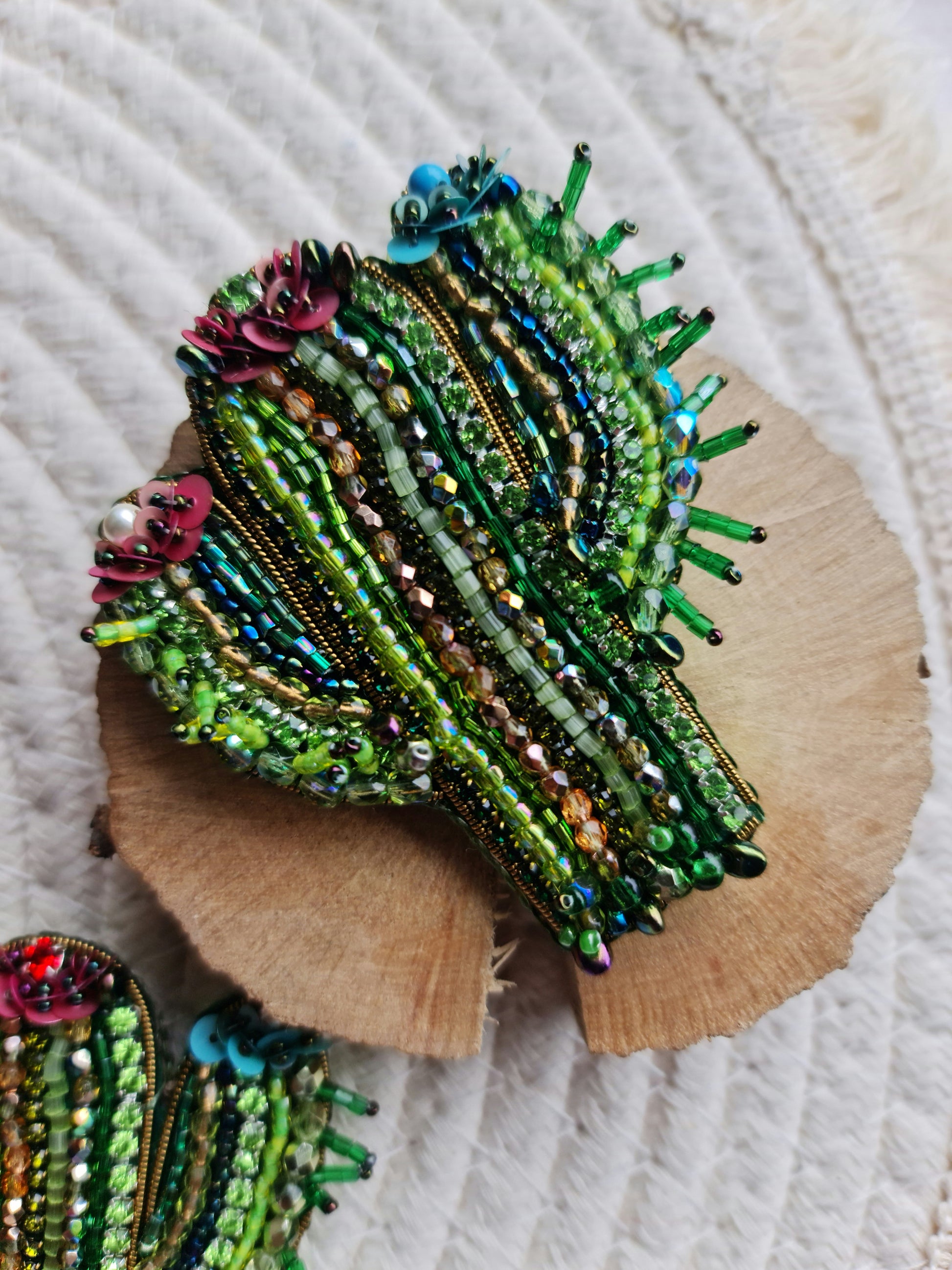 Green Cactus Beaded Brooch