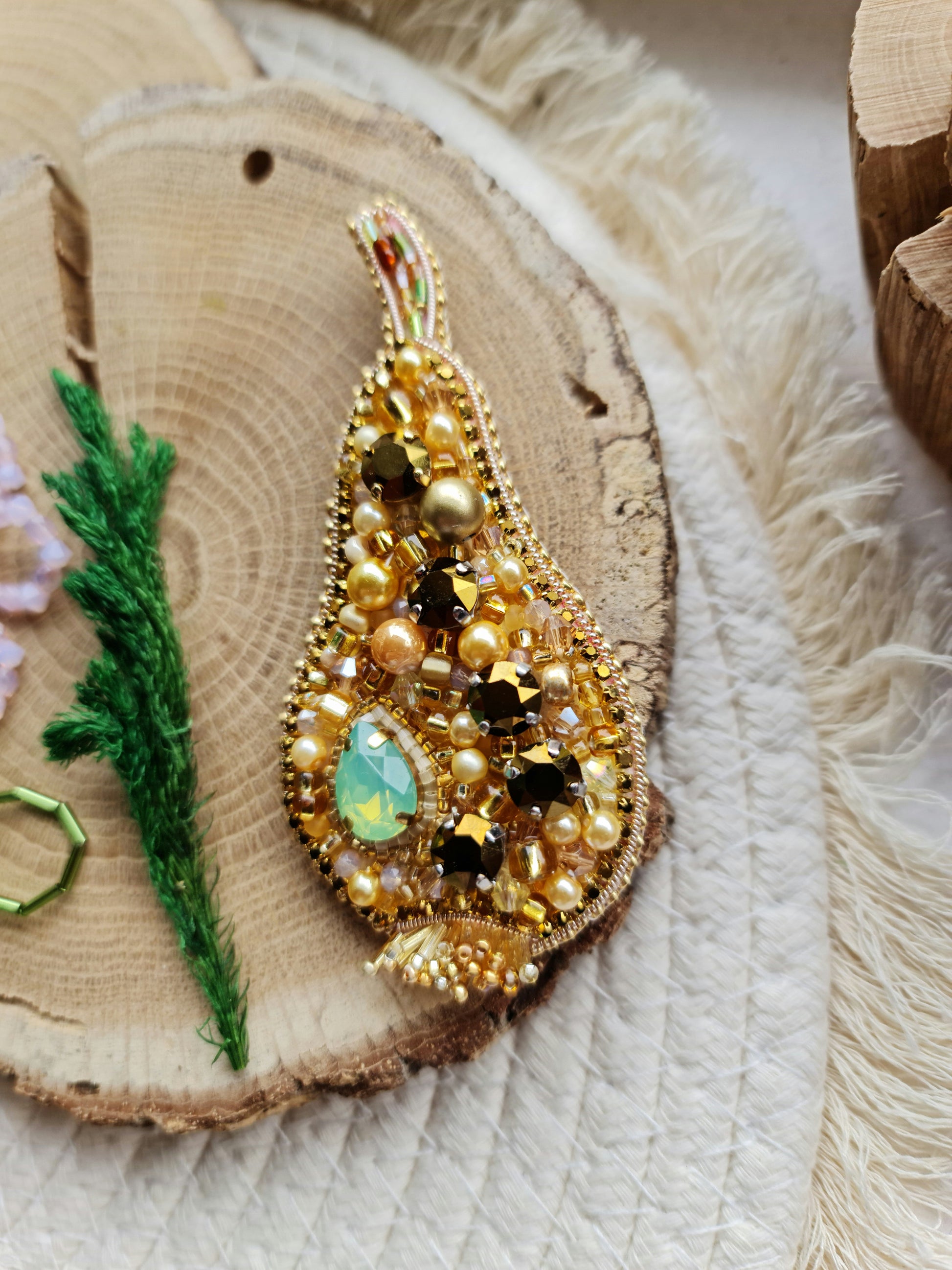 Golden pear beaded brooch hand embroidered with gold beads, pearls, black crystals, and sparkling fruit details