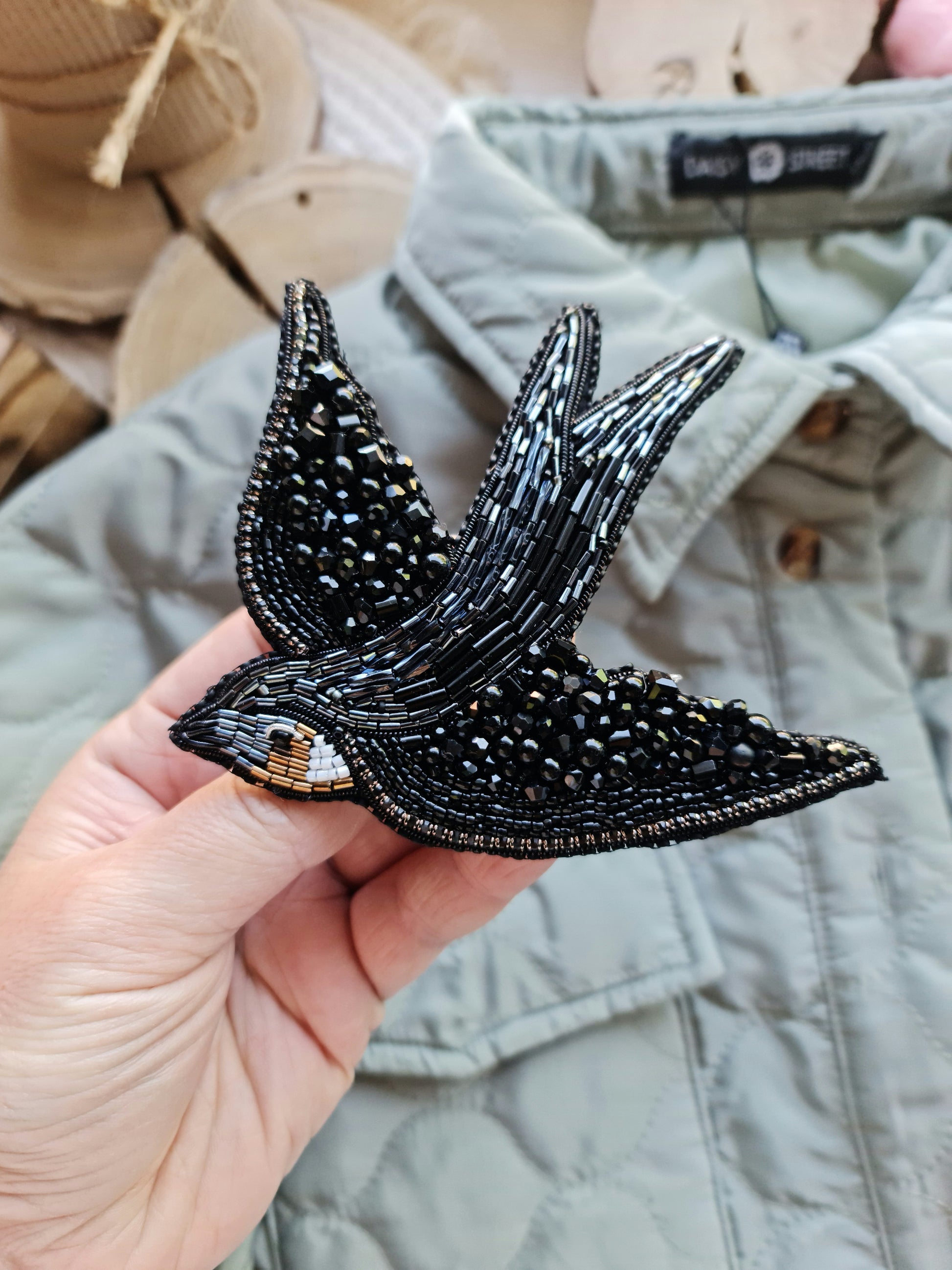 Black Swallow Beaded Brooch