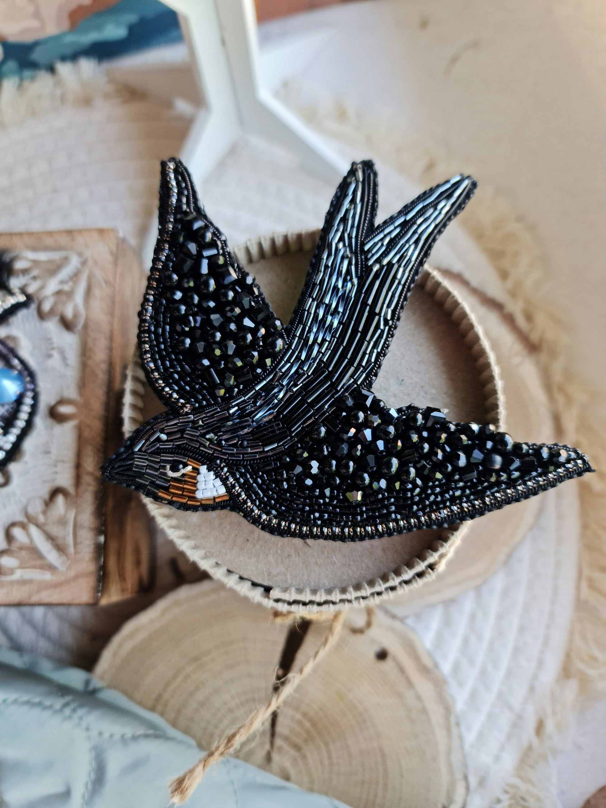 Black Swallow Beaded Brooch
