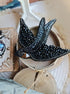 Black swallow bird beaded brooch hand embroidered with black beads crystals and bronze white details