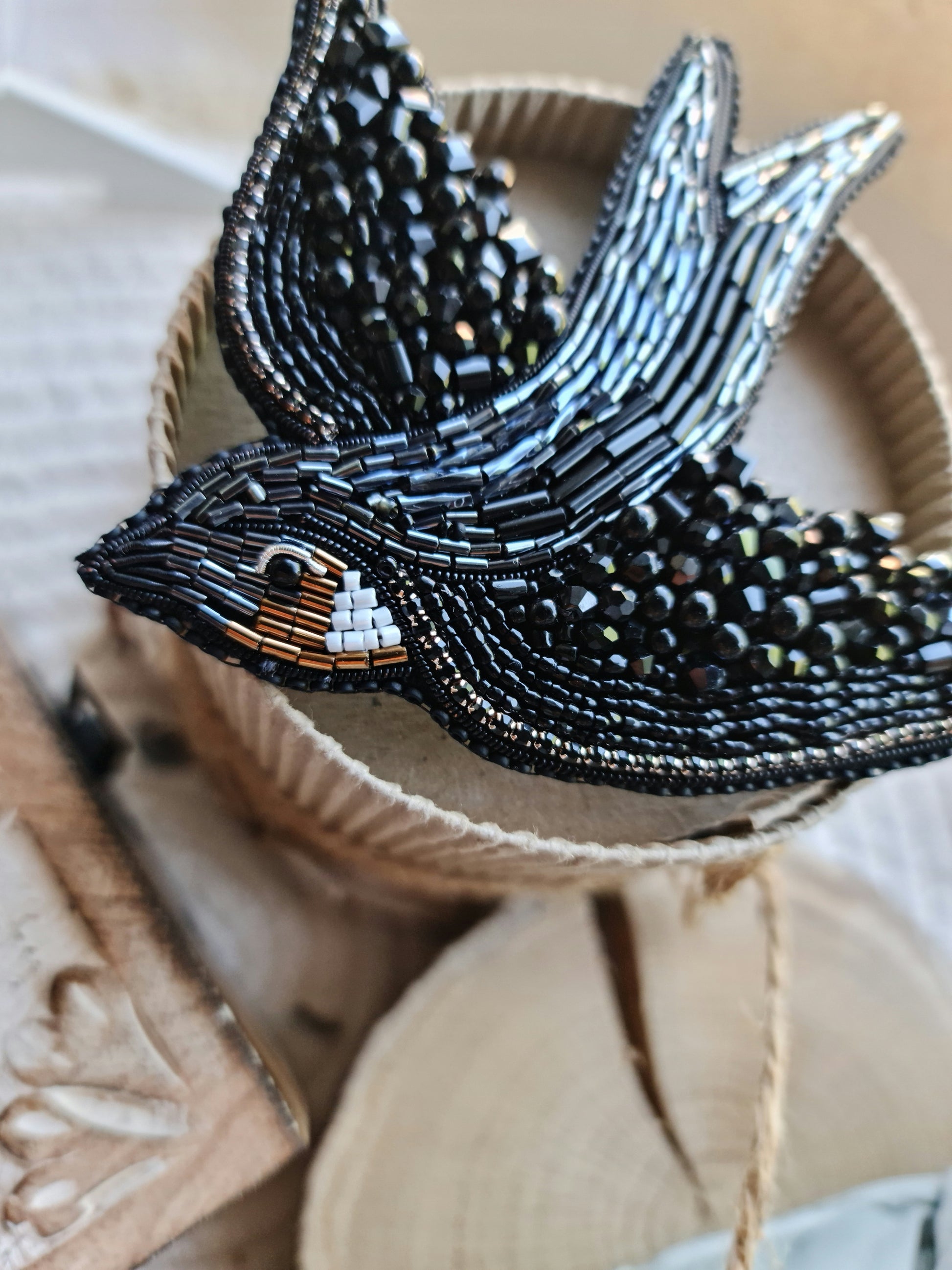 Black Swallow Beaded Brooch