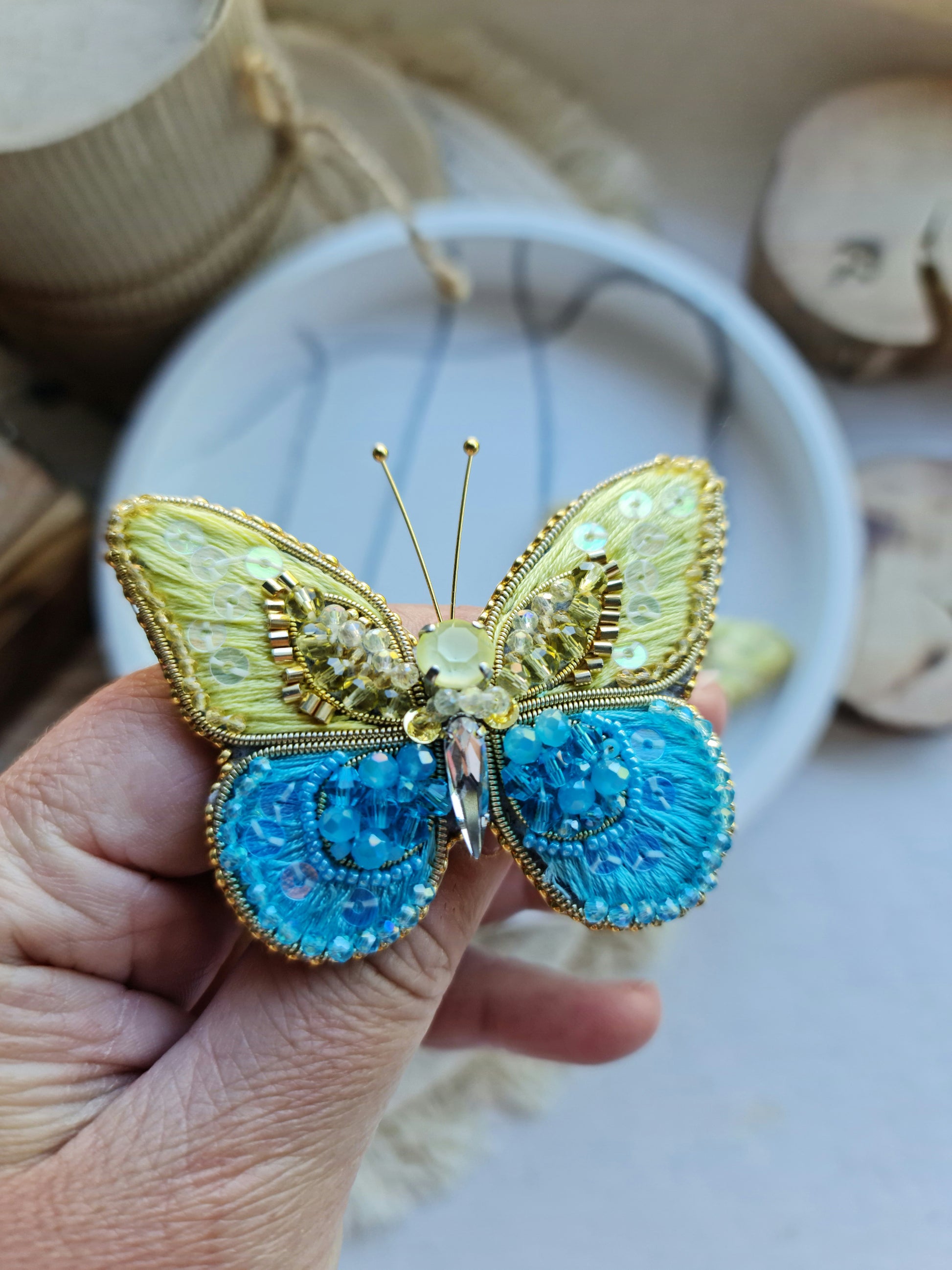 Butterfly Beaded Brooch, Hand Embroidered Insect Pin