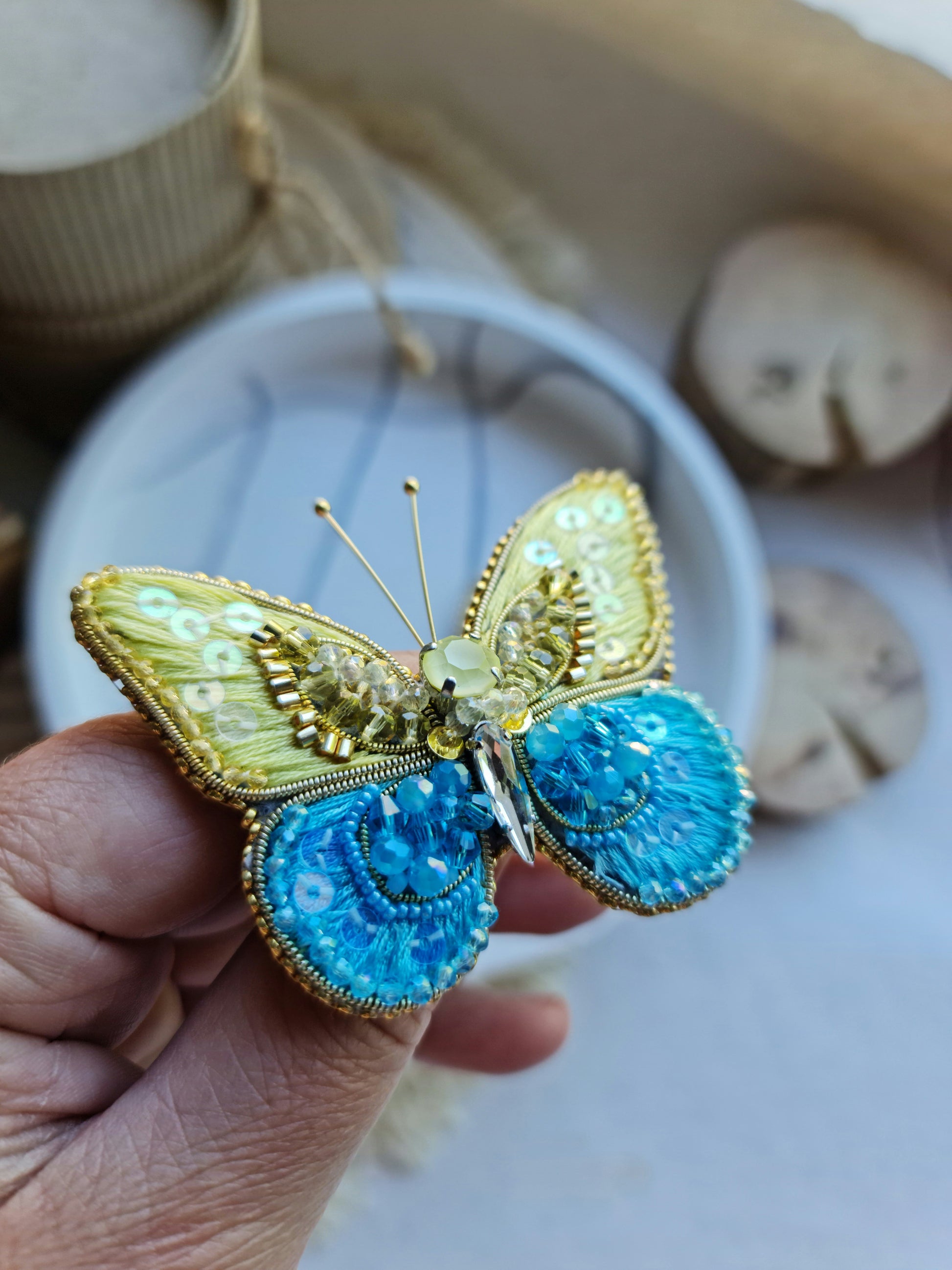 Butterfly Beaded Brooch, Hand Embroidered Insect Pin