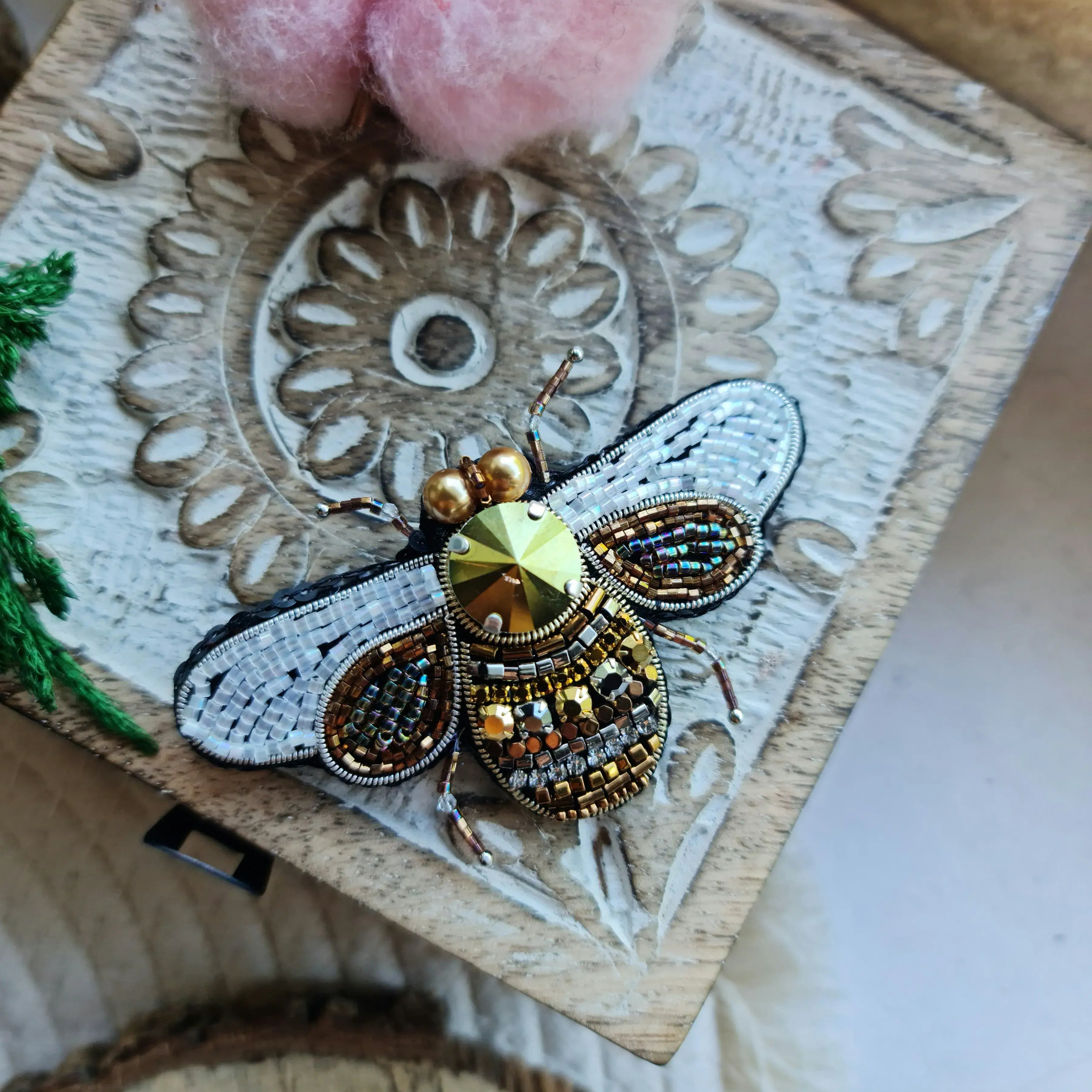 Gold Bee Beaded Brooch Pin