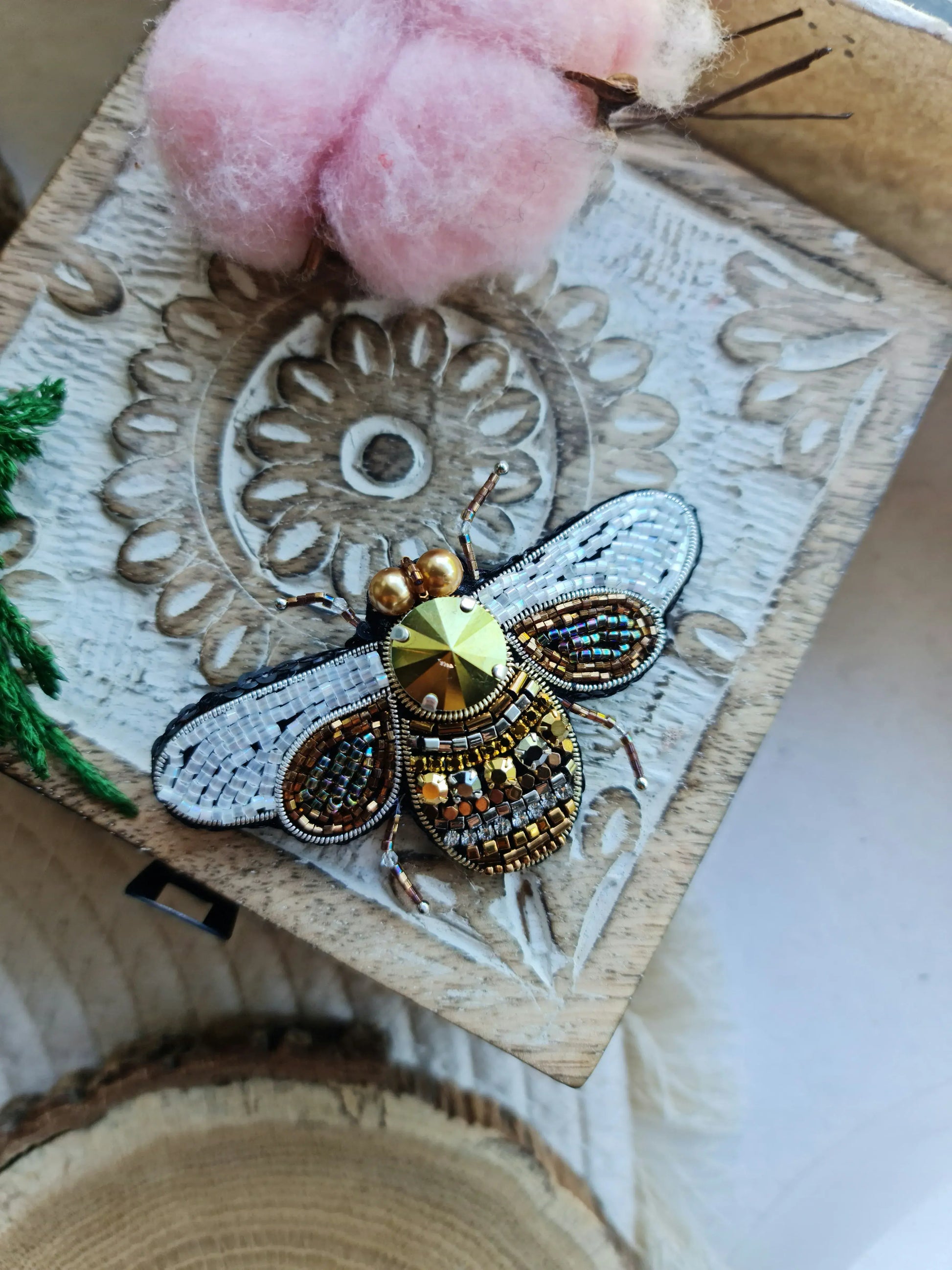 Gold Bee Beaded Brooch Pin