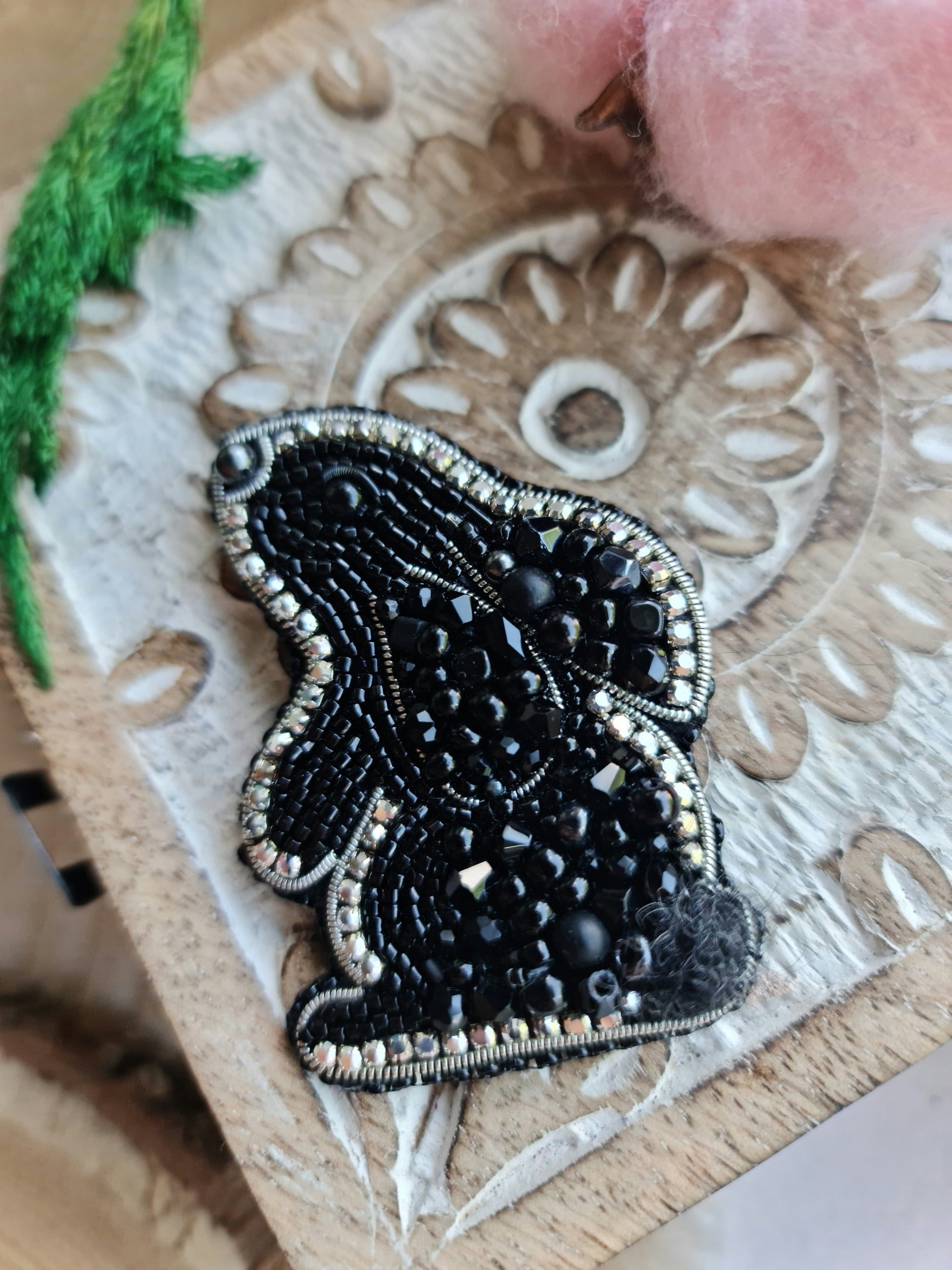 Black mini bunny beaded brooch hand embroidered with beads crystals and pearl details