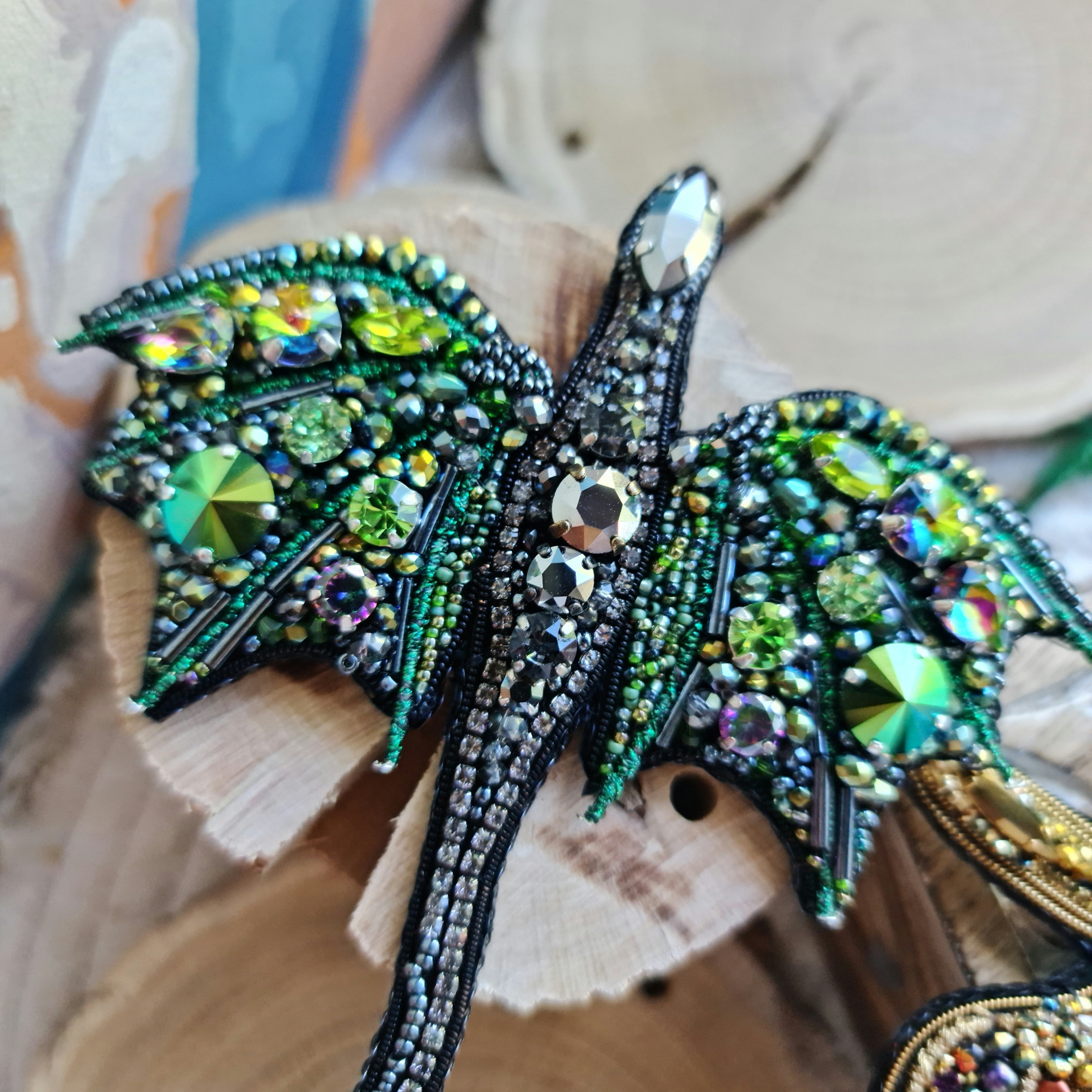 Crystal dragon beaded brooches hand embroidered in gold silver green and blue colors