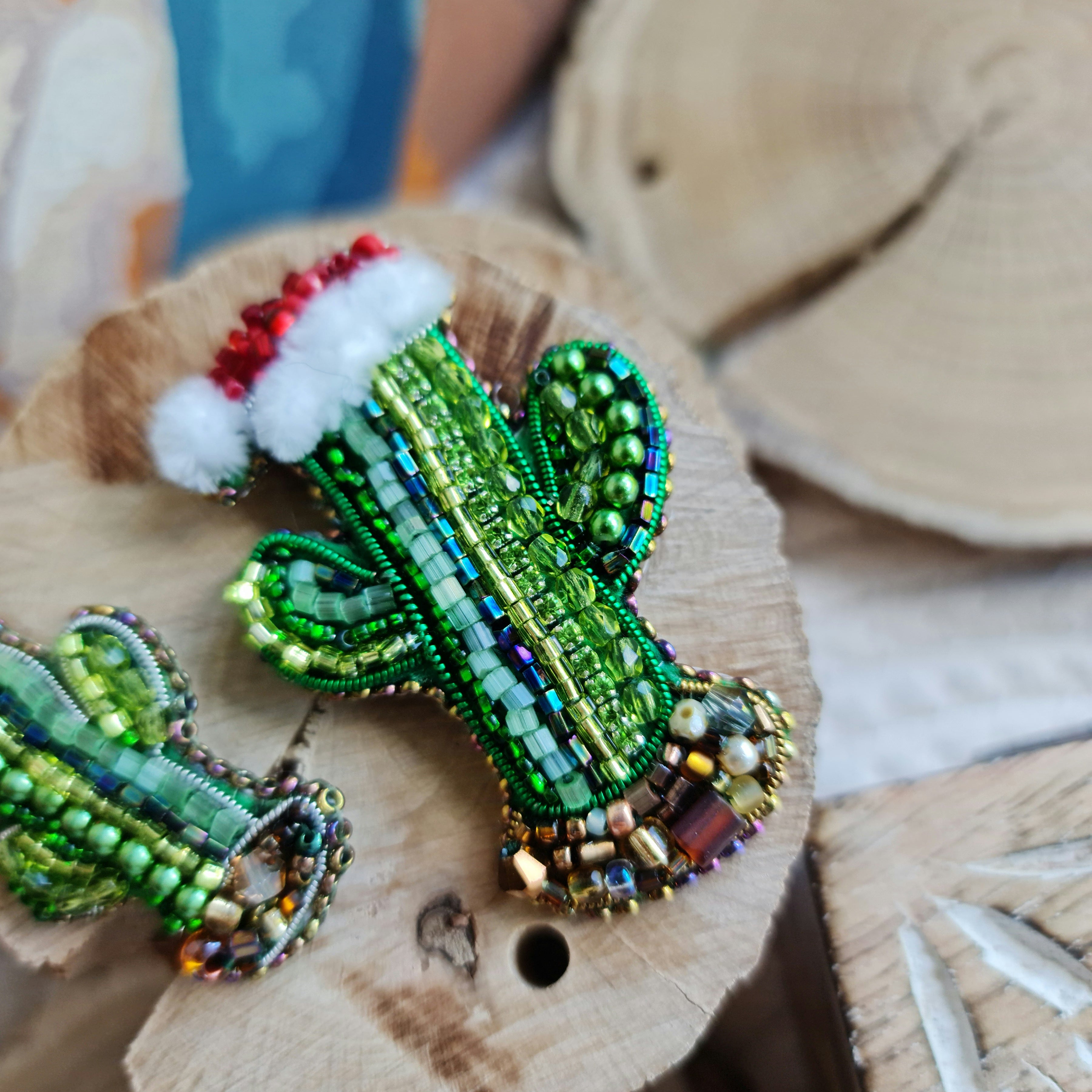 Beaded Christmas Cactus Brooch