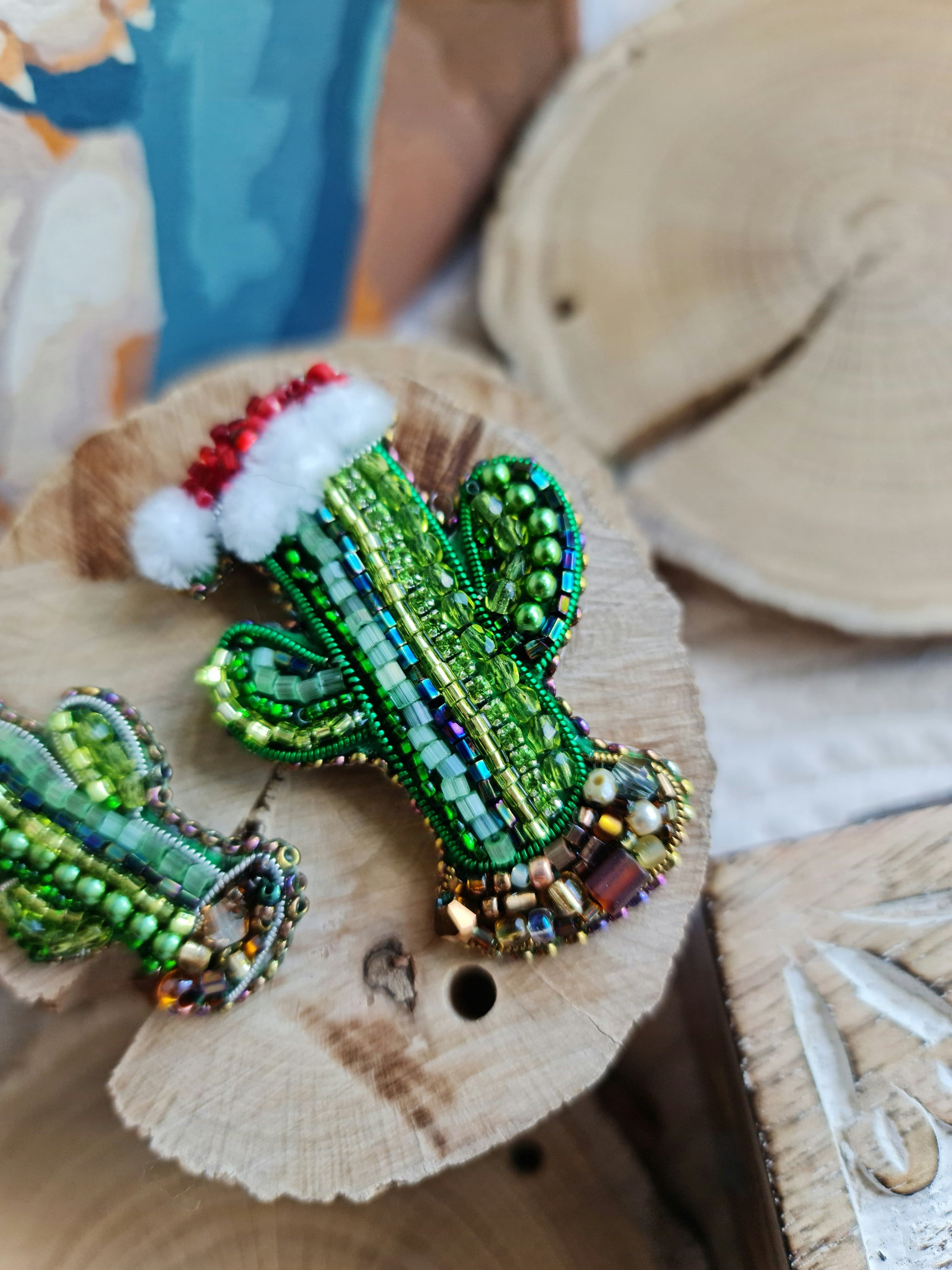 Beaded Christmas Cactus Brooch