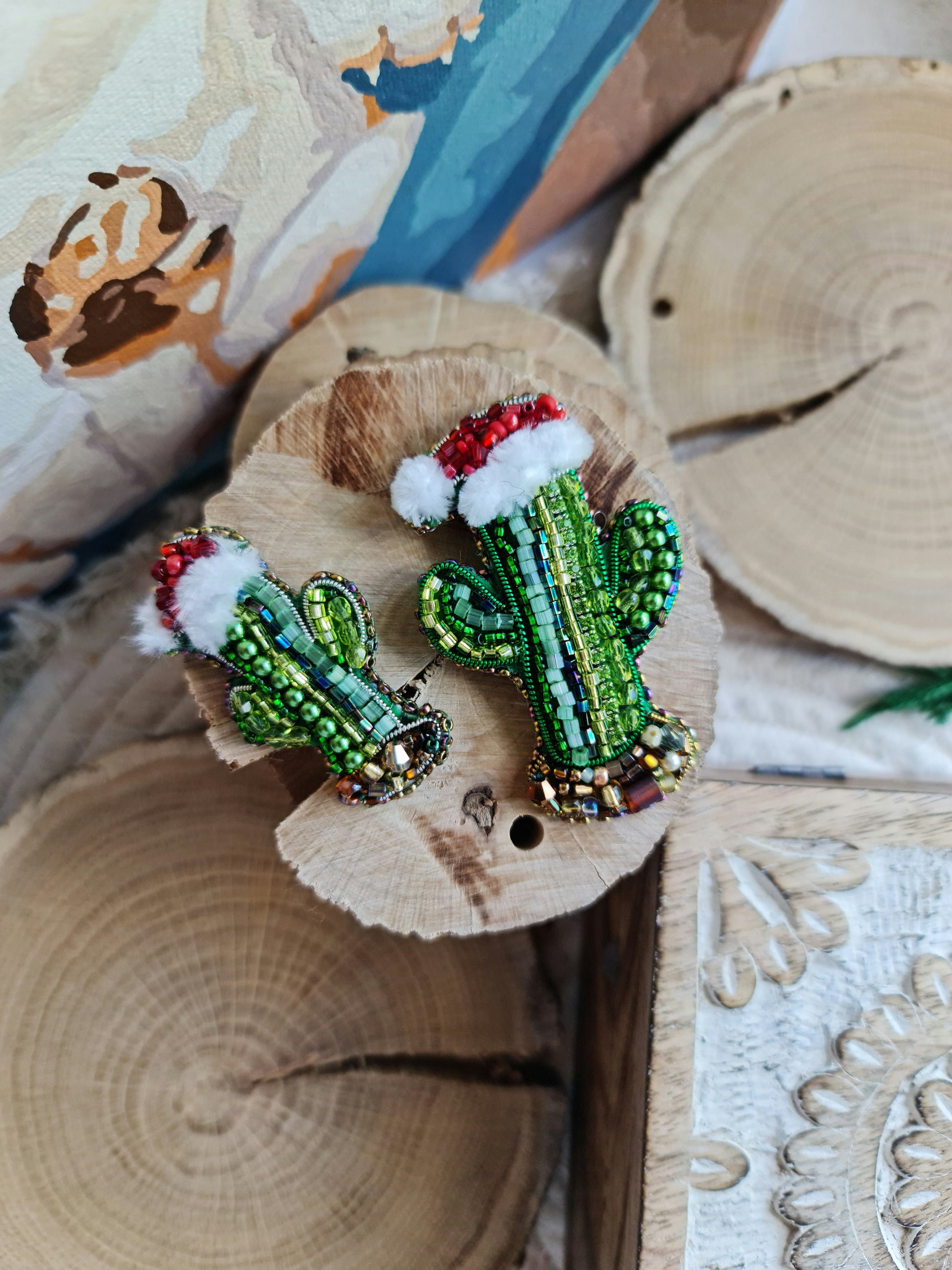 Beaded Christmas Cactus Brooch