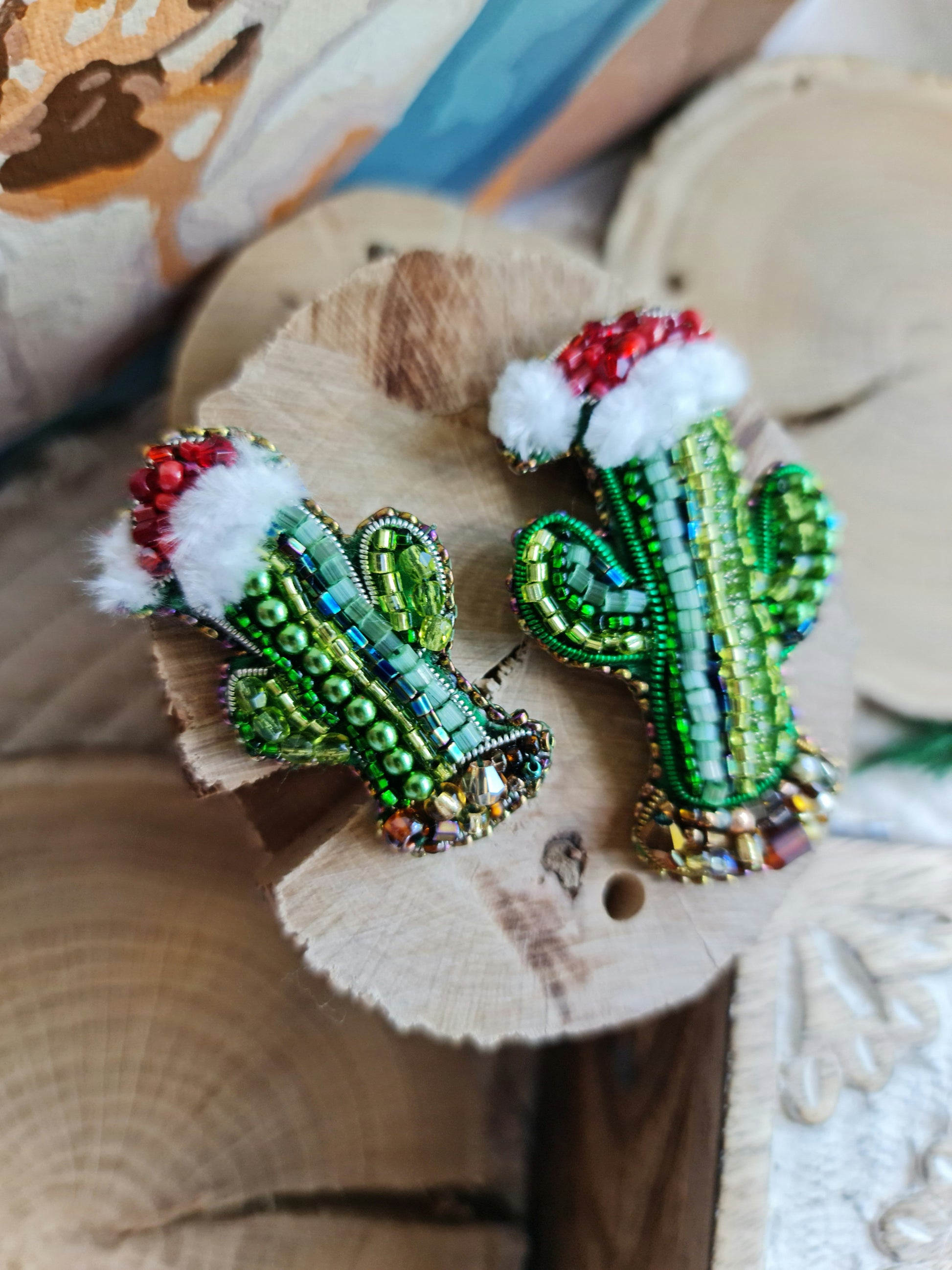 Beaded Christmas Cactus Brooch