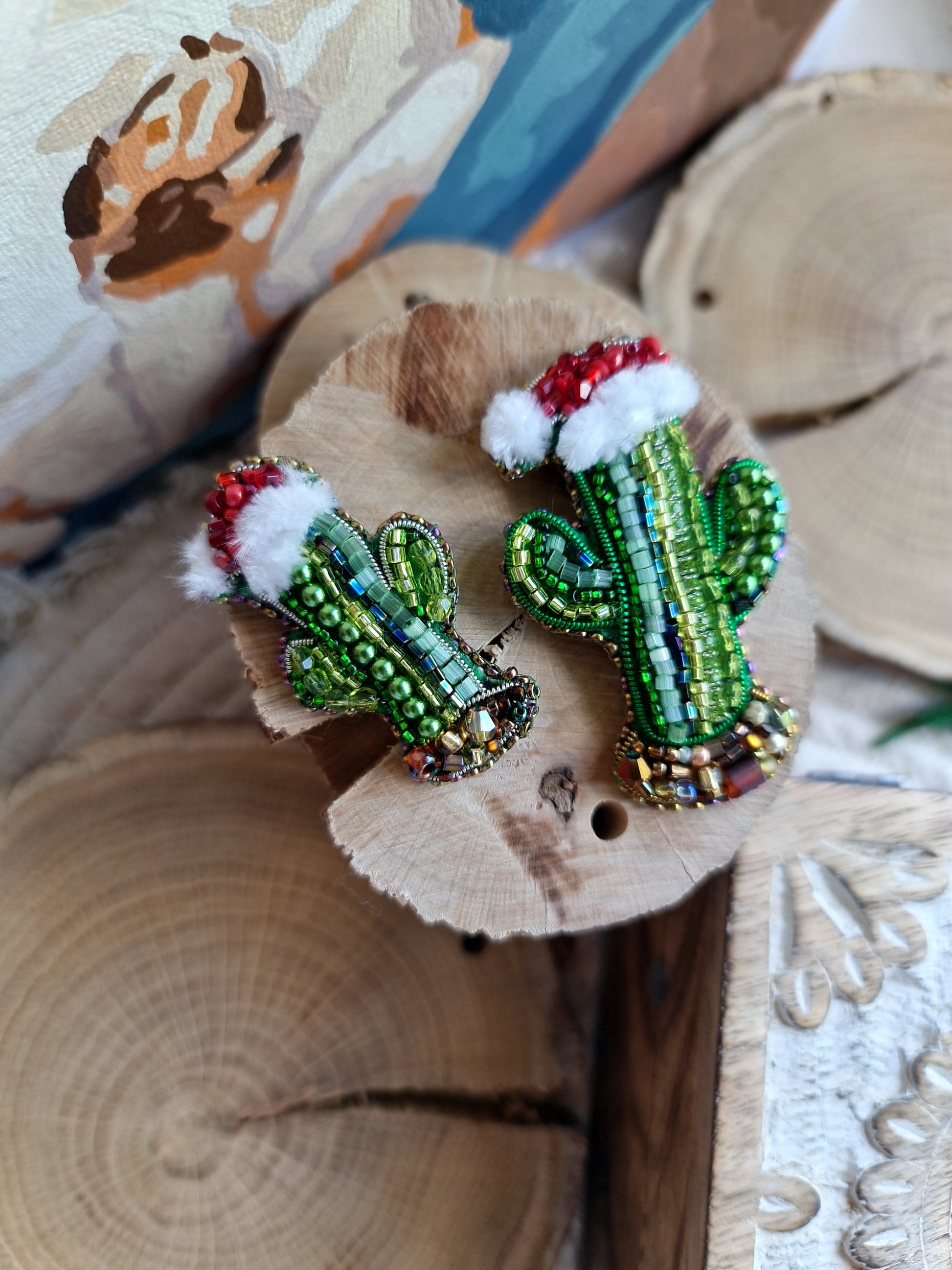 Beaded Christmas Cactus Brooch
