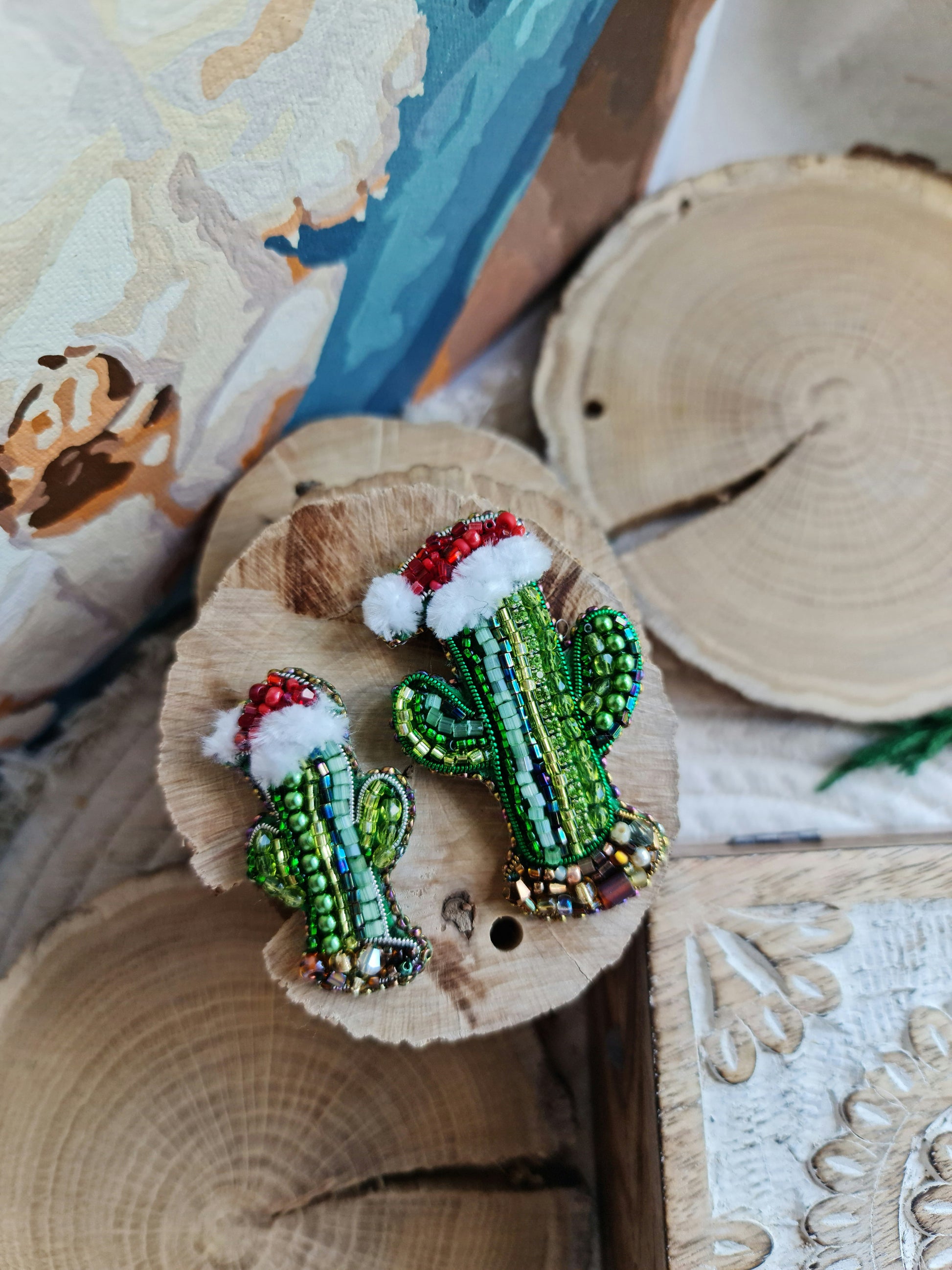 Beaded Christmas Cactus Brooch