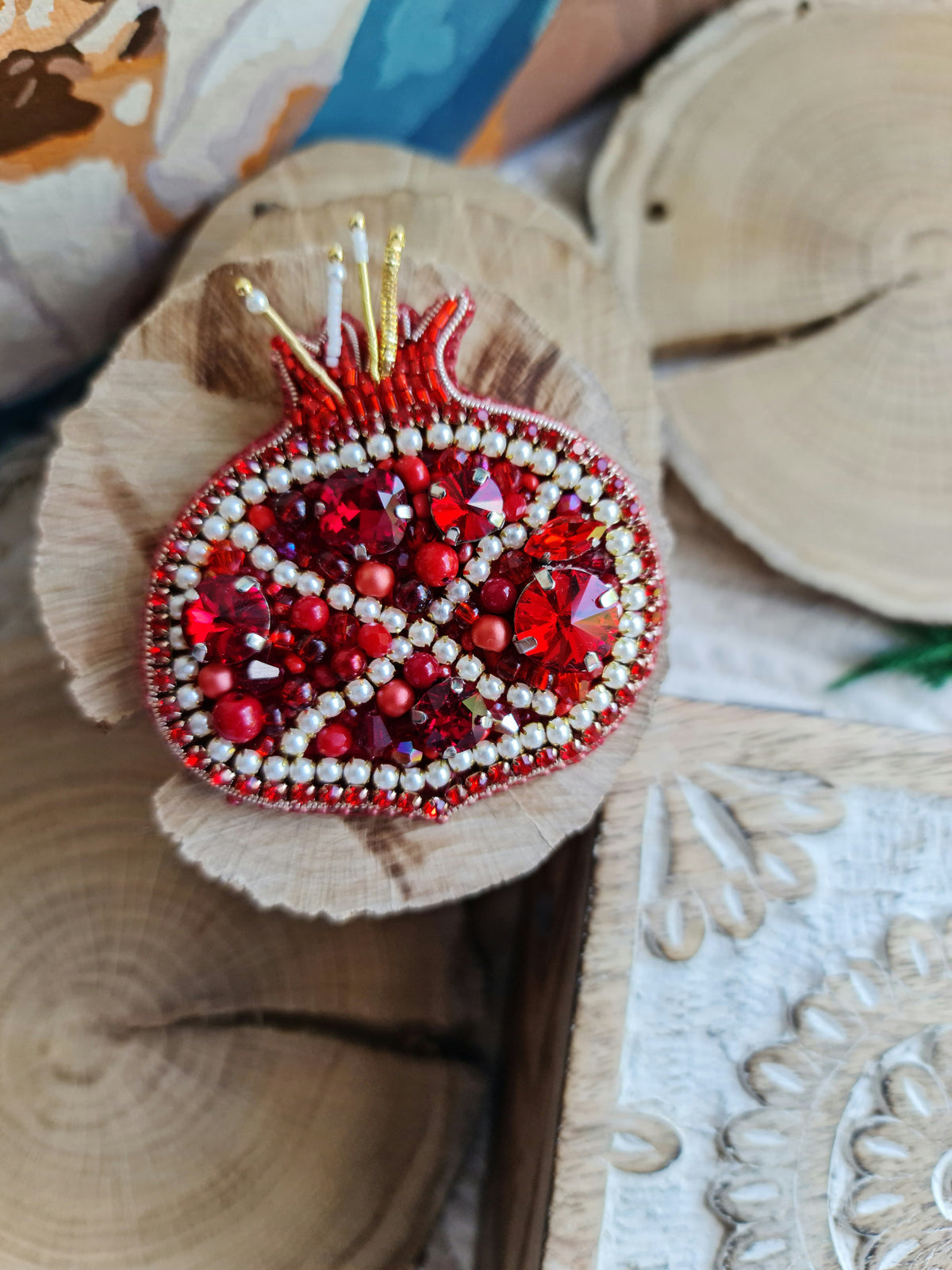 Large Pomegranate Beaded Brooch, Hand Embroidered Fruit Pin, Statement Jewelry