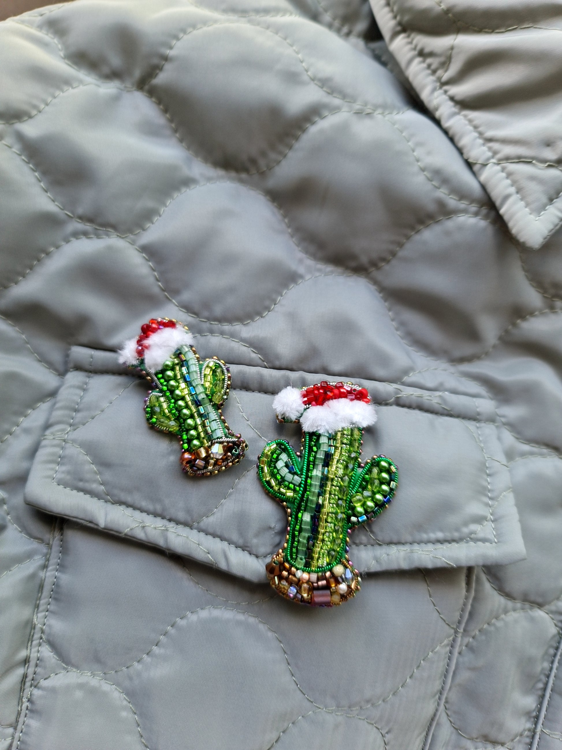 Beaded Christmas Cactus Brooch