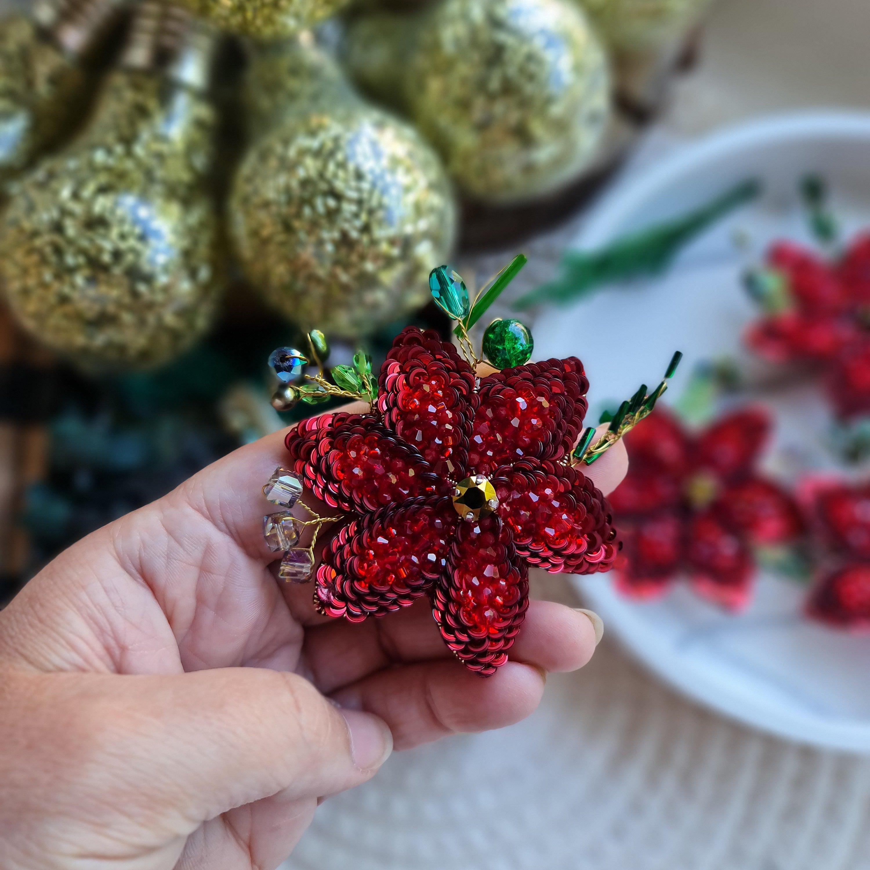 Handmade red poinsettia brooch embroidered with sequins, beads and crystals, festive Christmas flower pin, holiday accessory and handmade gift.