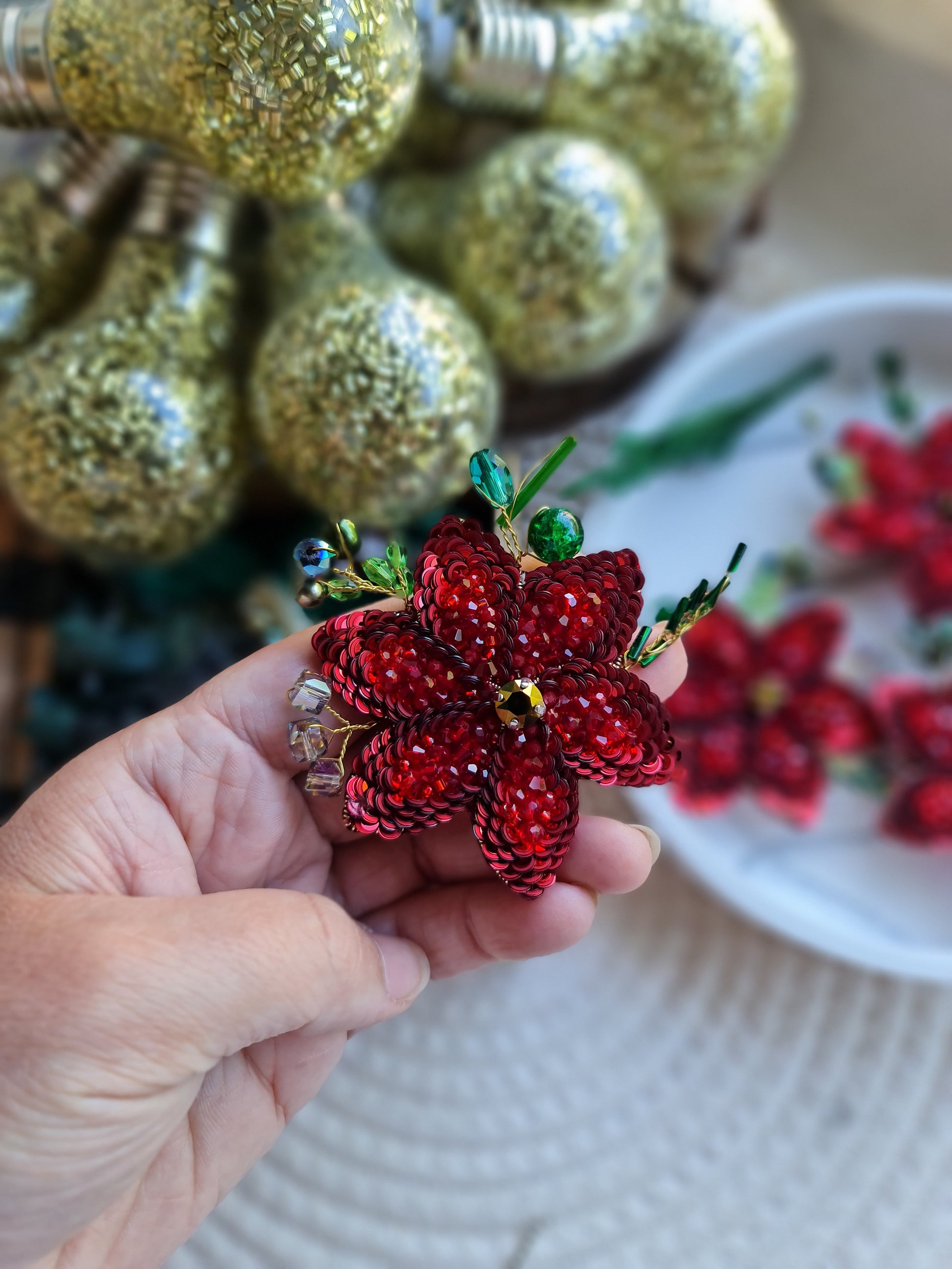 Handmade red poinsettia brooch embroidered with sequins, beads and crystals, festive Christmas flower pin, holiday accessory and handmade gift.