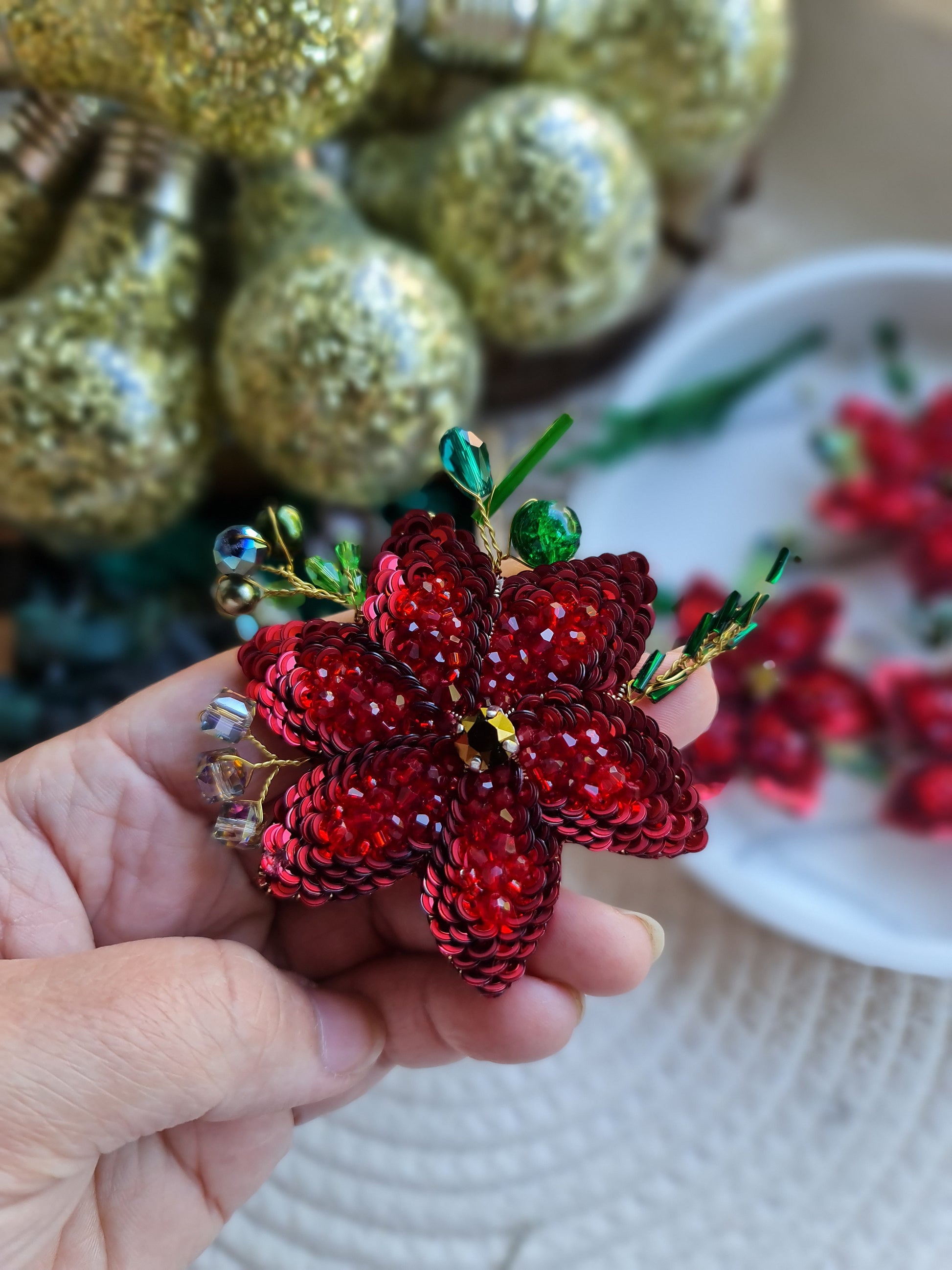 Handmade red poinsettia brooch embroidered with sequins, beads and crystals, festive Christmas flower pin, holiday accessory and handmade gift.