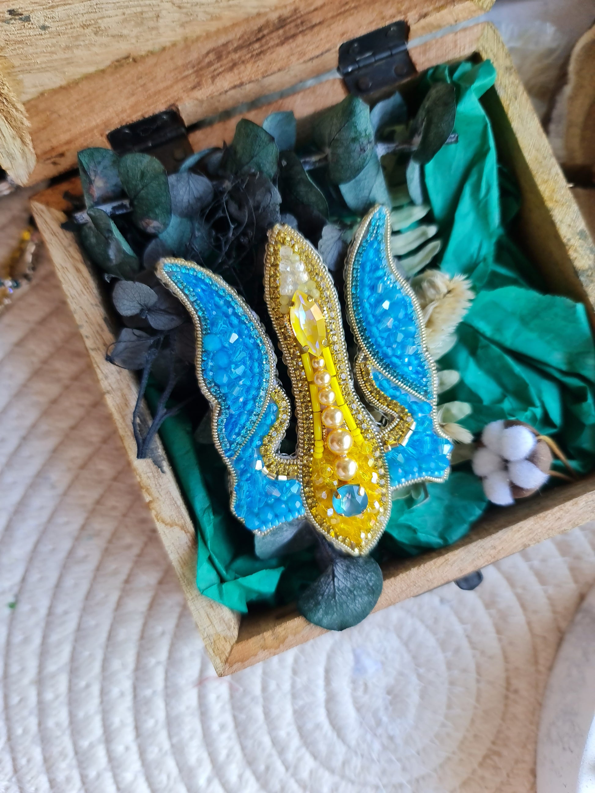 Blue and Yellow Trident Beaded Brooch