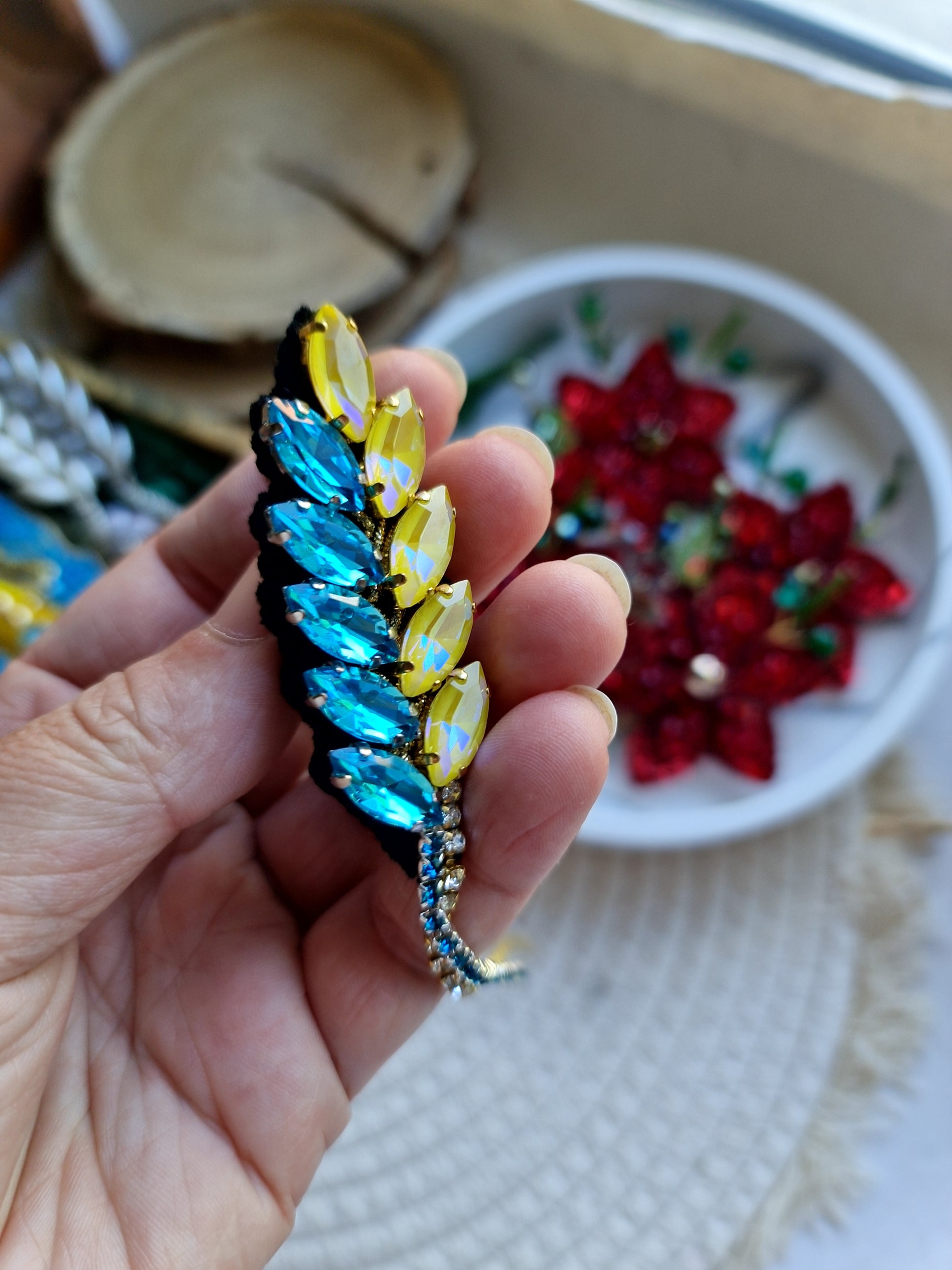 Blue and Yellow Wheat Beaded Brooch