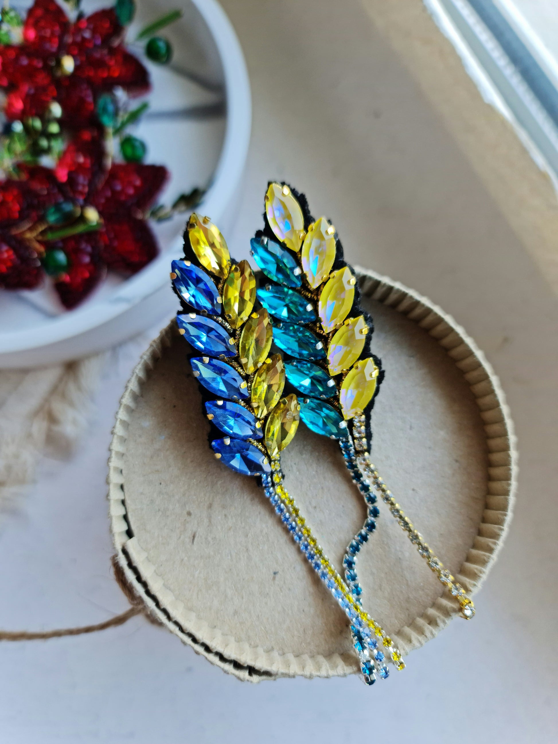 Blue and Yellow Wheat Beaded Brooch