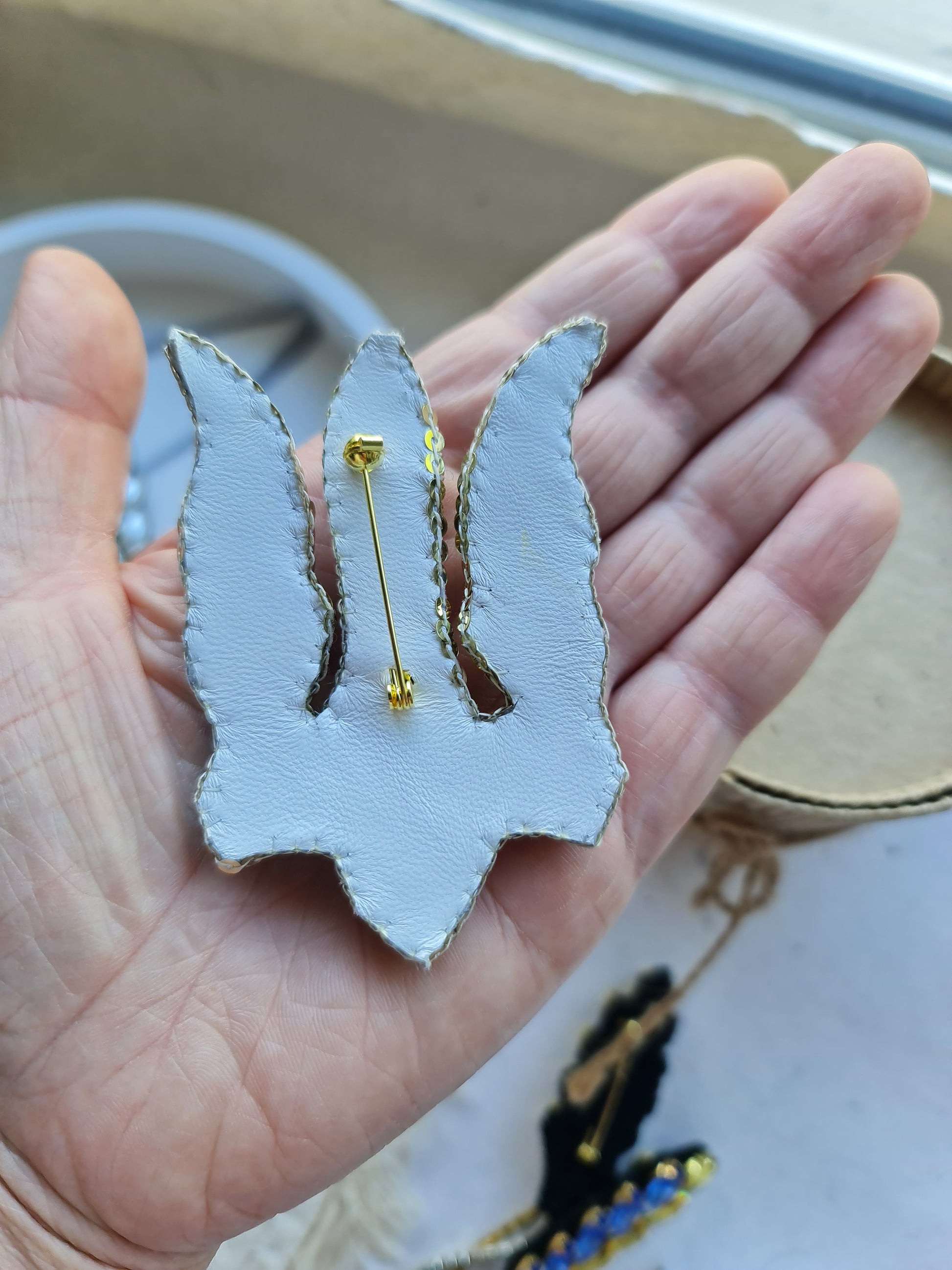 Blue and Yellow Trident Beaded Brooch