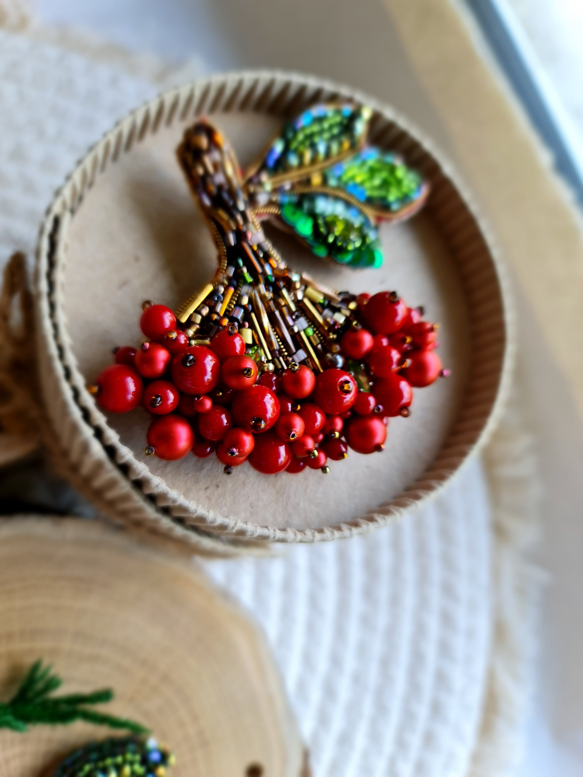 Red Berry Branch Beaded Brooch