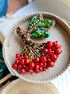 Red berry branch beaded brooch hand embroidered with green leaves and bead details