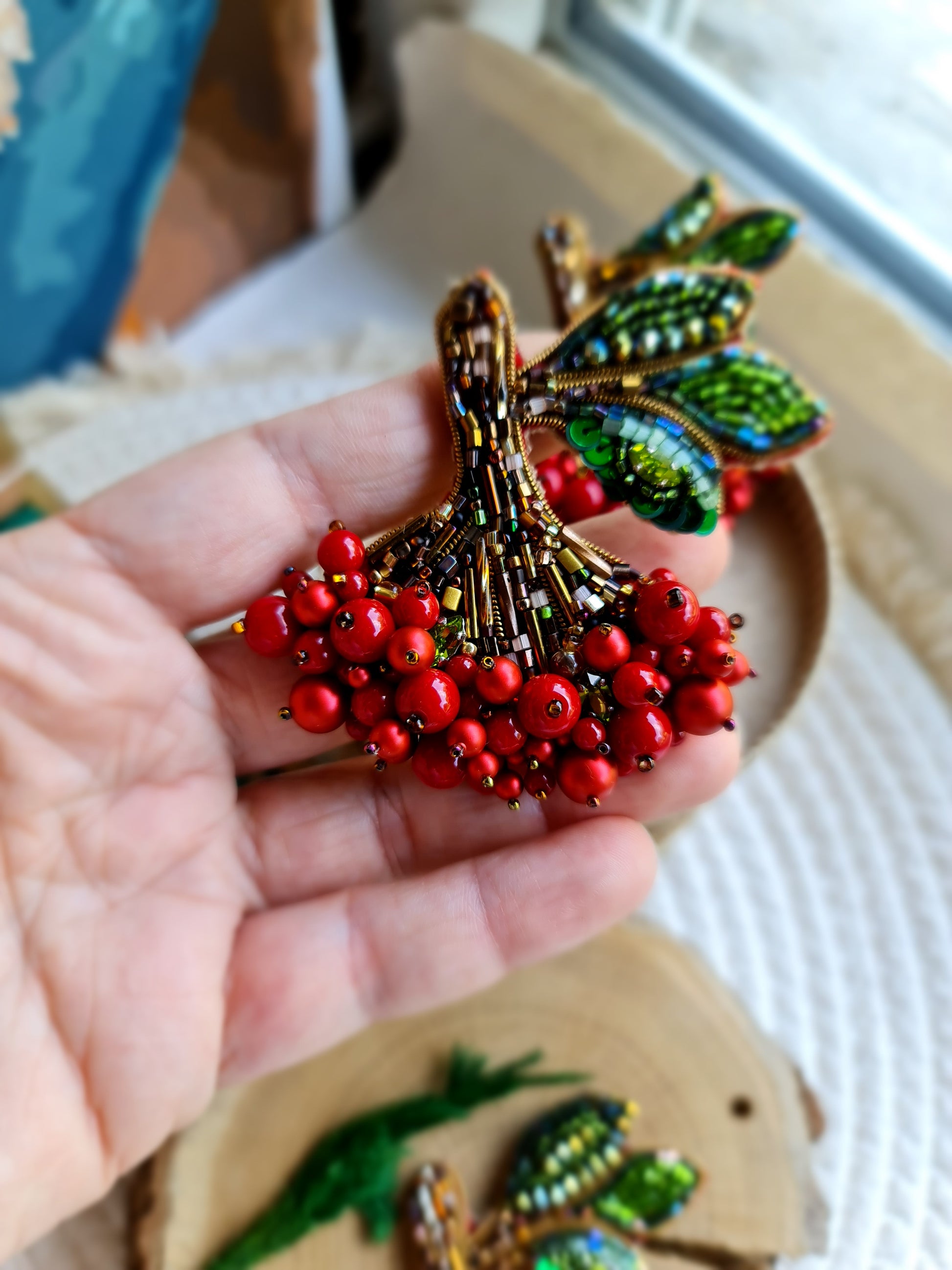 Red Berry Branch Beaded Brooch