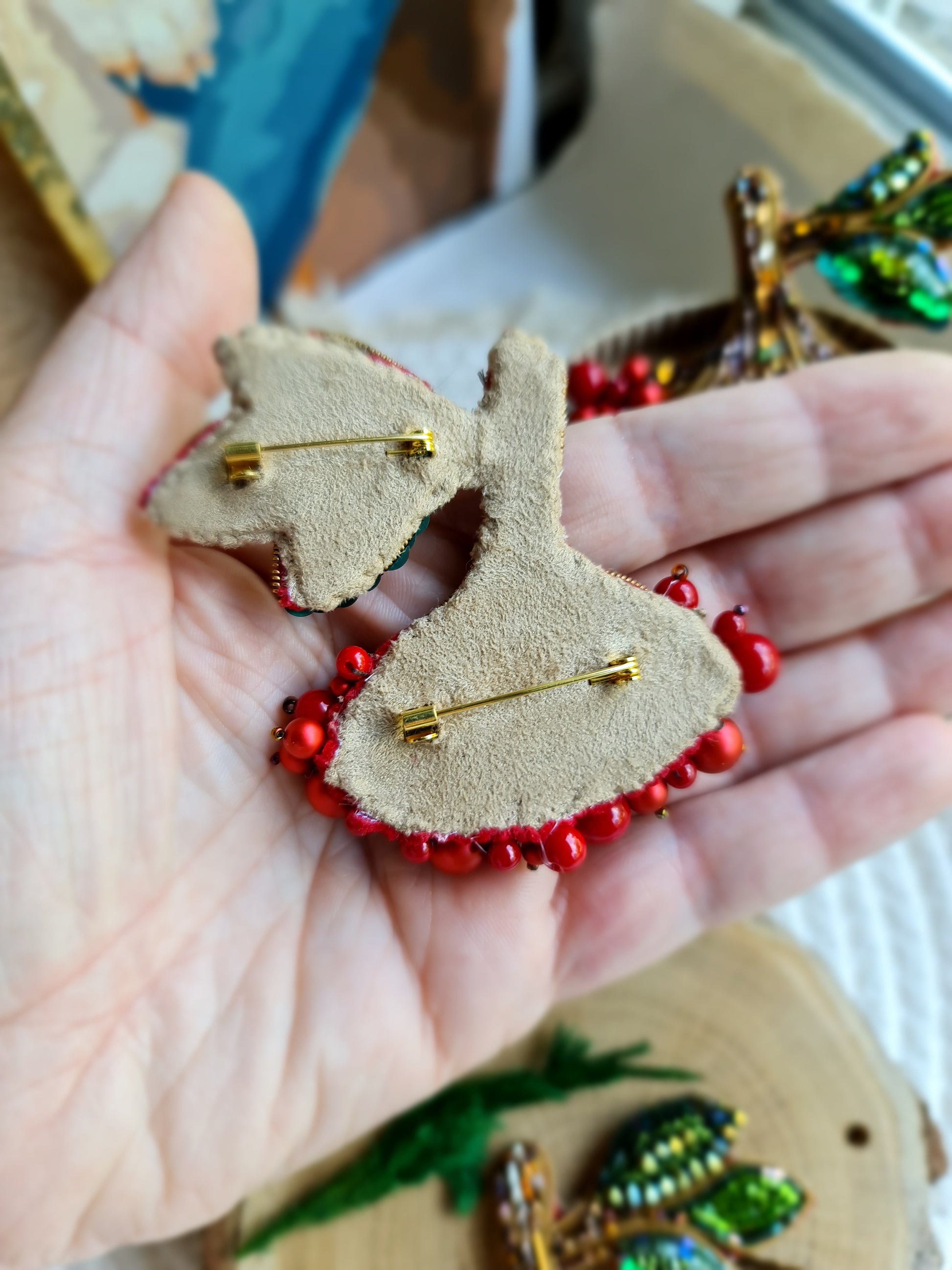 Red Berry Branch Beaded Brooch