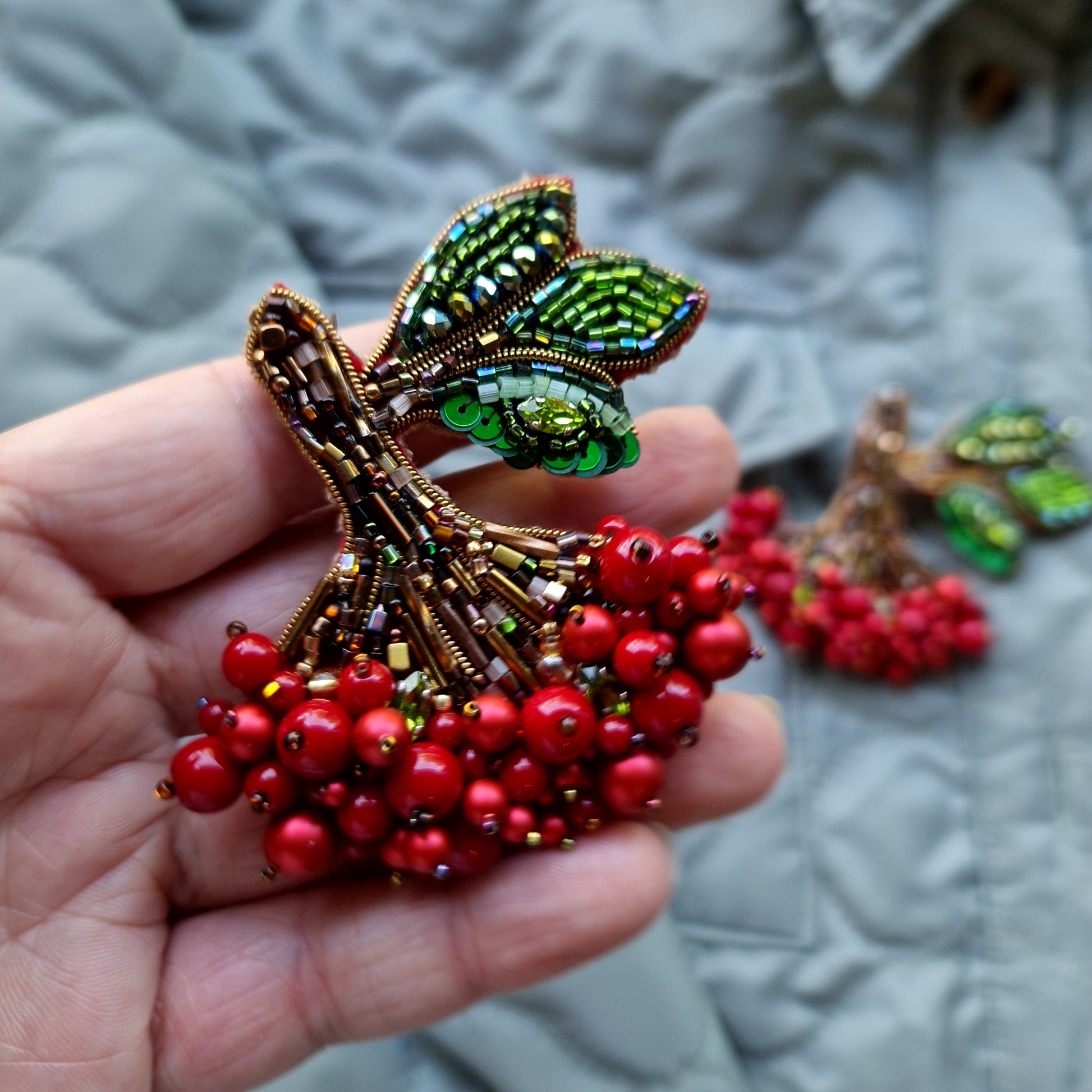 Red Berry Branch Beaded Brooch