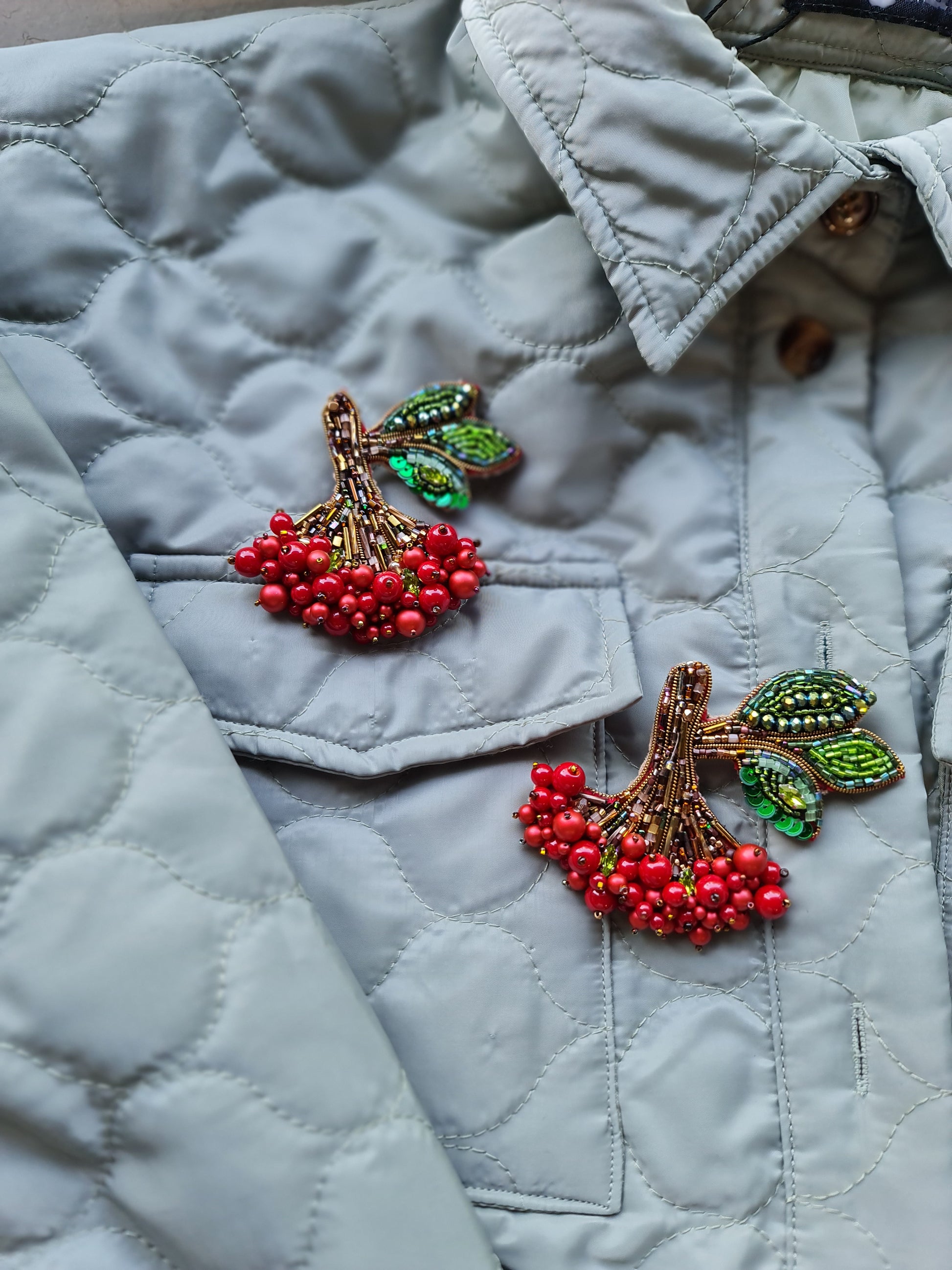 Red Berry Branch Beaded Brooch