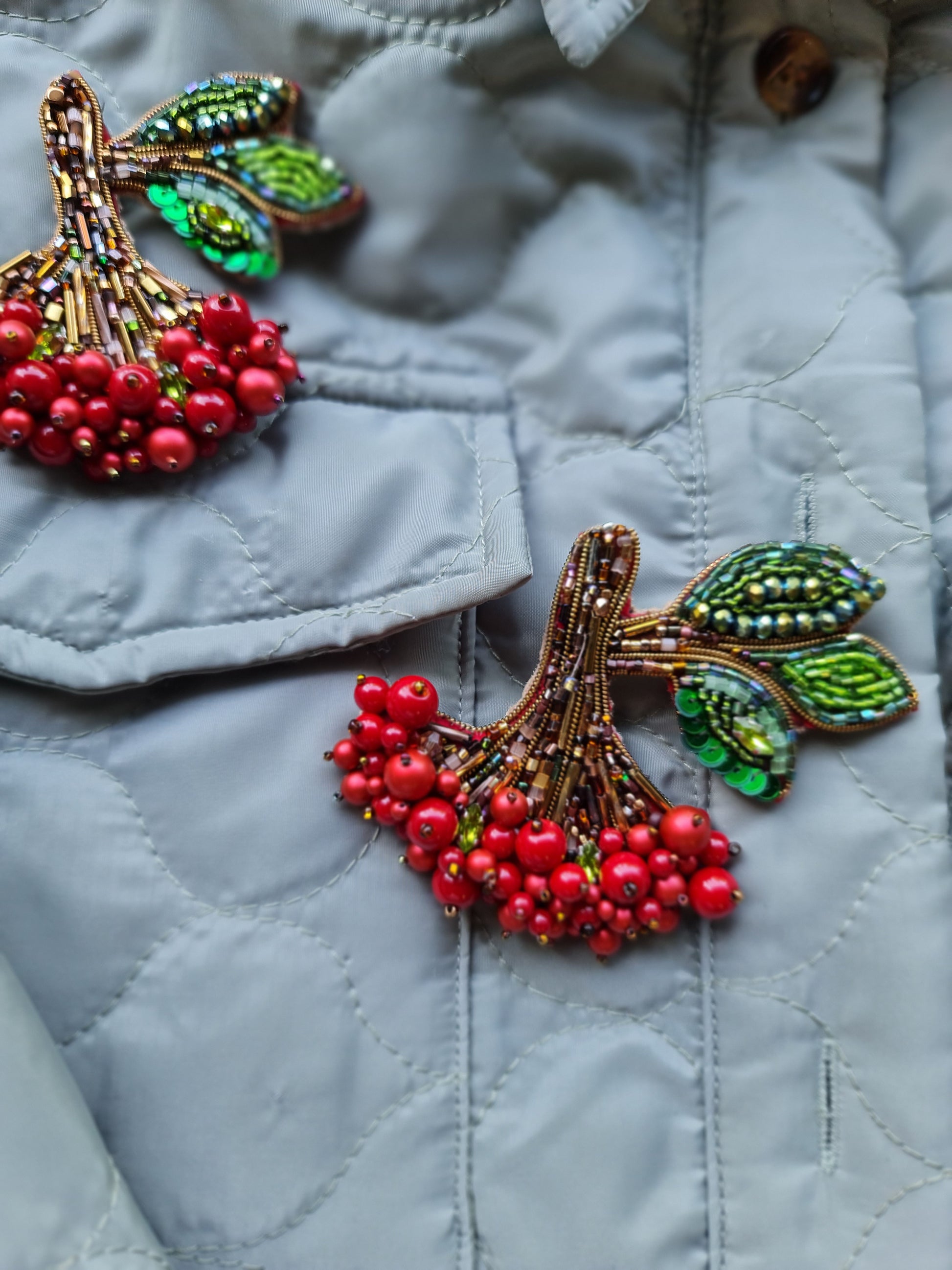Red Berry Branch Beaded Brooch
