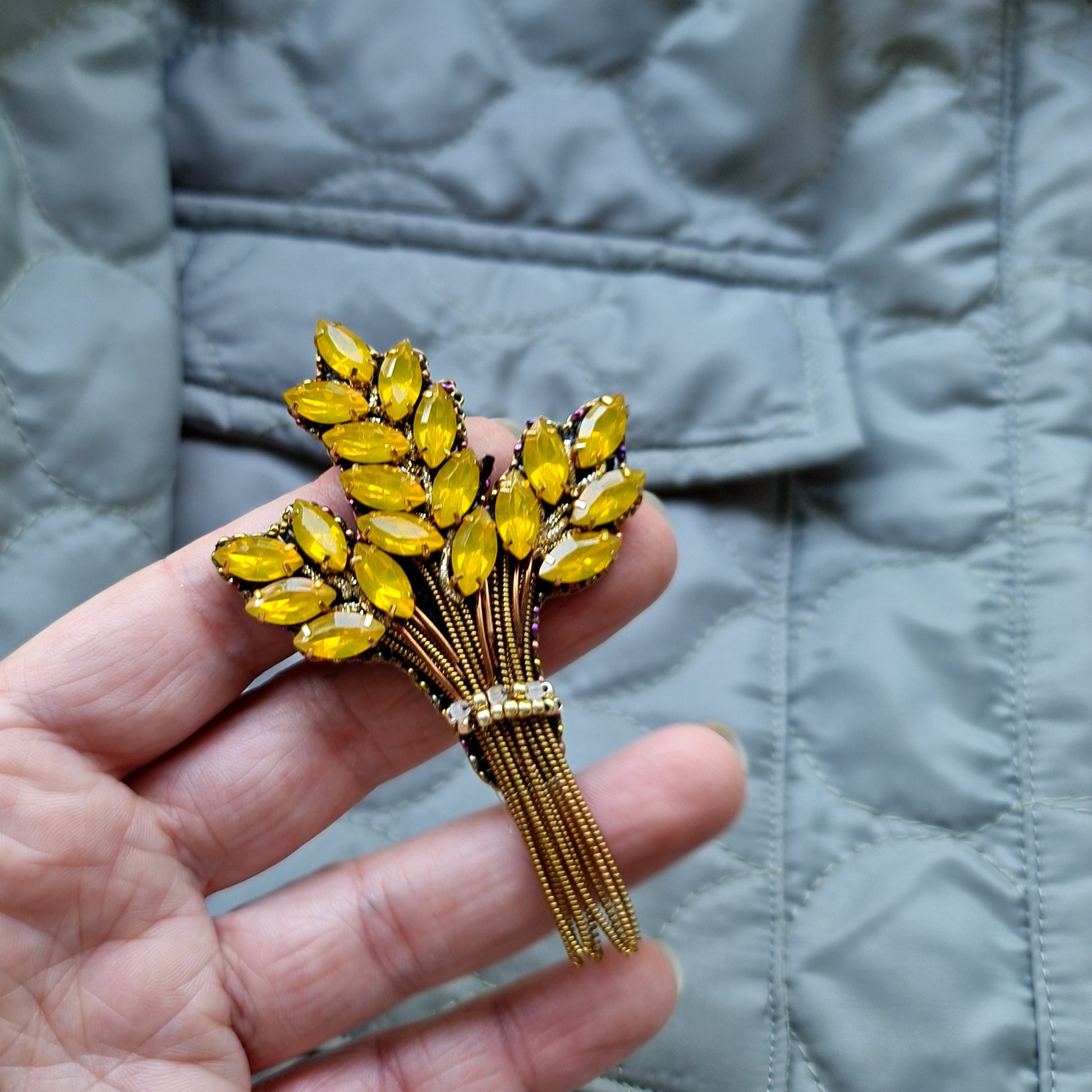 Wheat beaded brooch hand embroidered with yellow crystals gold beads and stem details