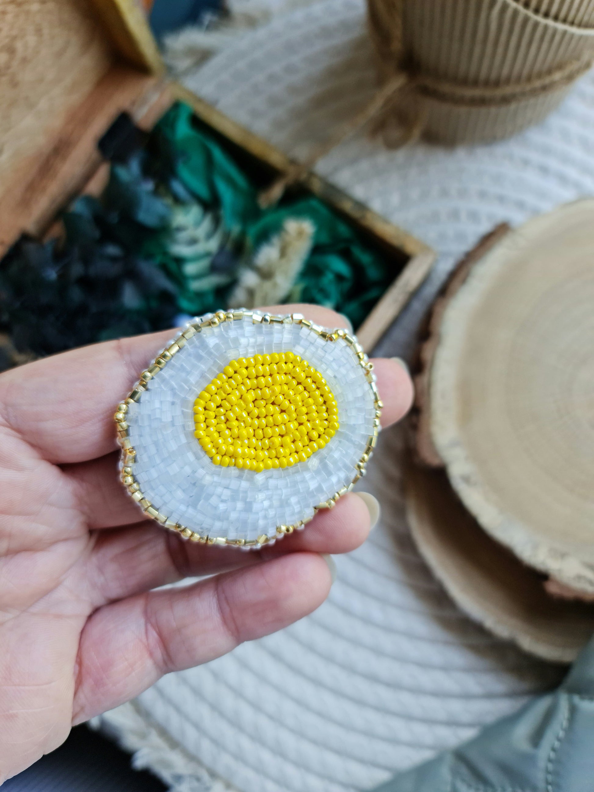 Fried Egg Beaded Brooch
