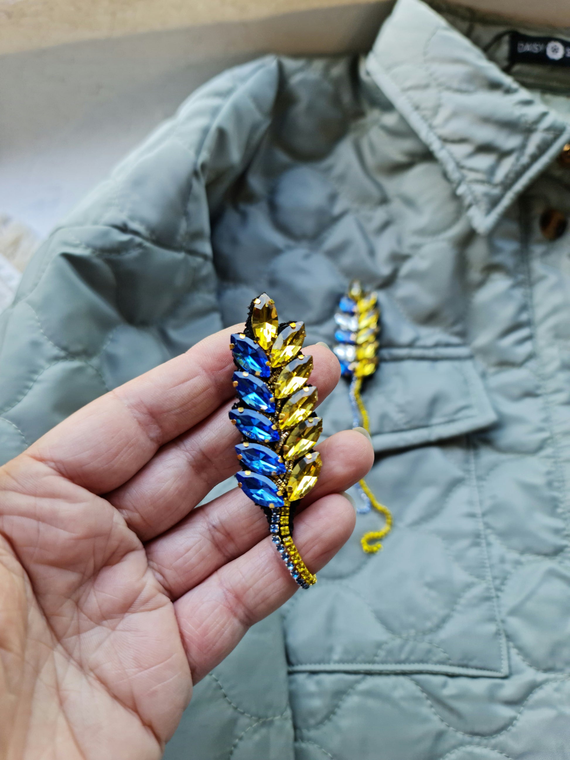 Blue and Yellow Wheat Beaded Brooch