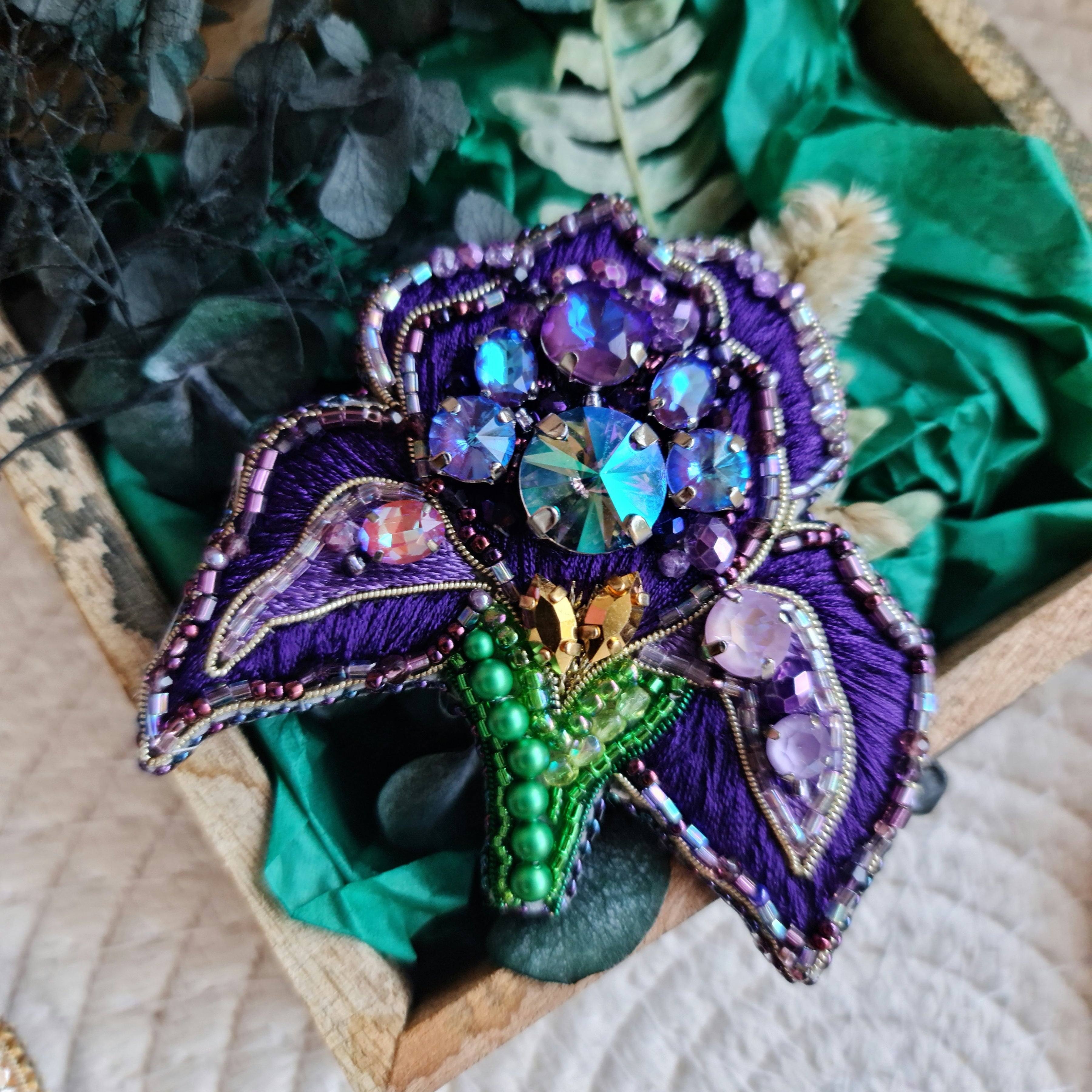 Purple iris beaded brooch hand embroidered with crystals green stem and violet petals
