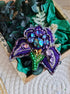 Purple iris beaded brooch hand embroidered with crystals green stem and violet petals