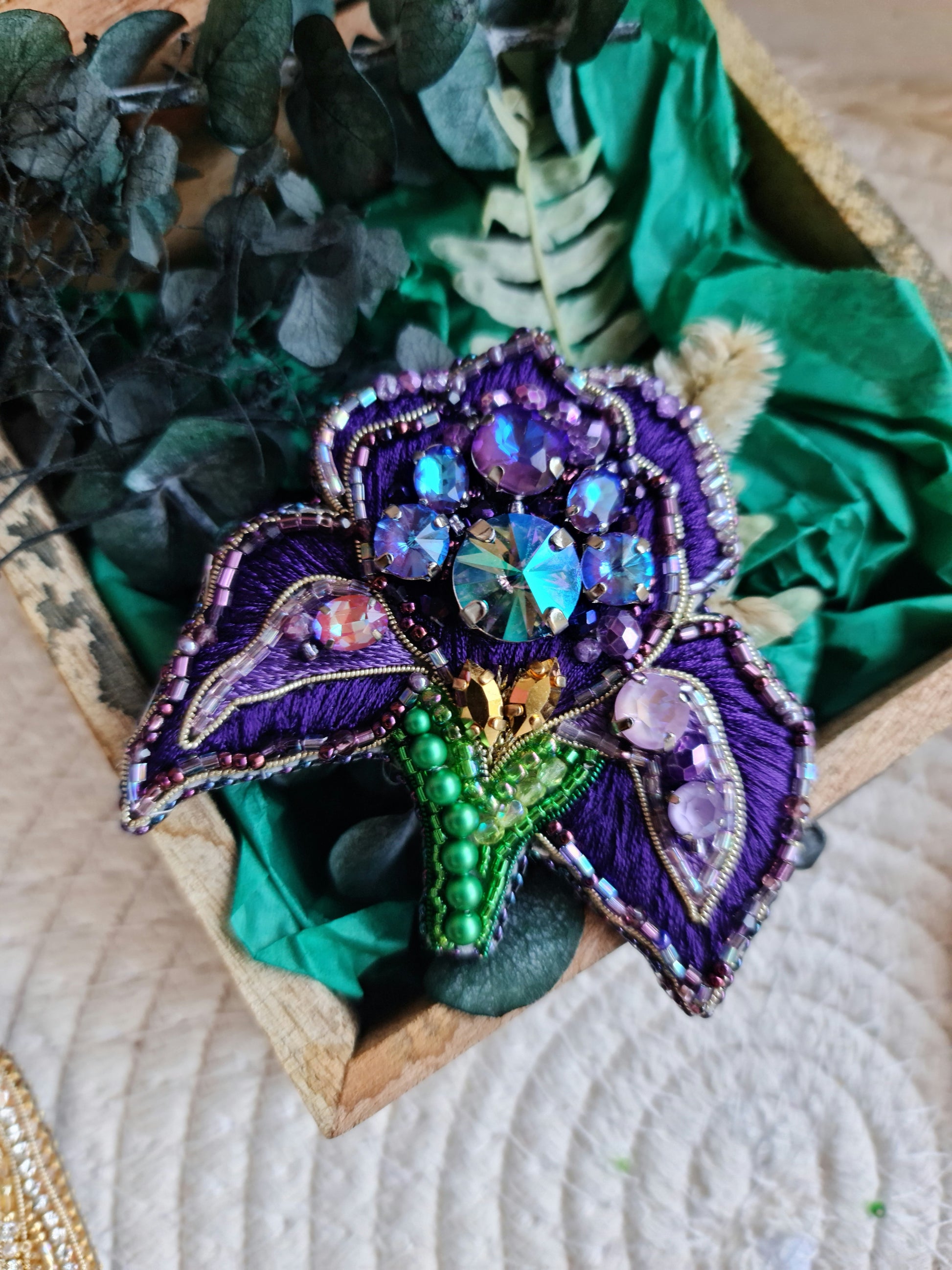 Purple iris beaded brooch hand embroidered with crystals green stem and violet petals