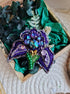 Purple iris beaded brooch hand embroidered with crystals green stem and violet petals