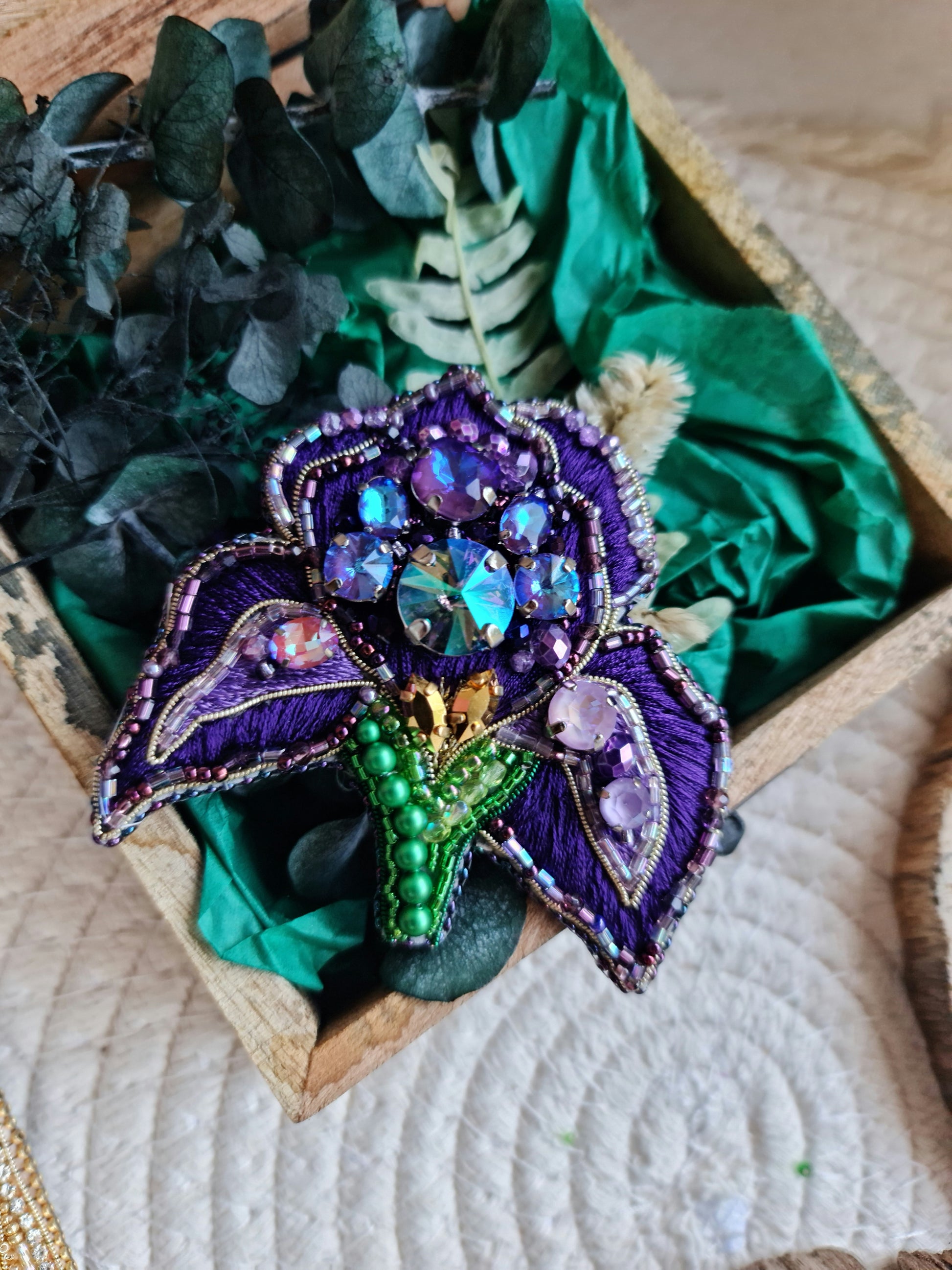 Purple iris beaded brooch hand embroidered with crystals green stem and violet petals