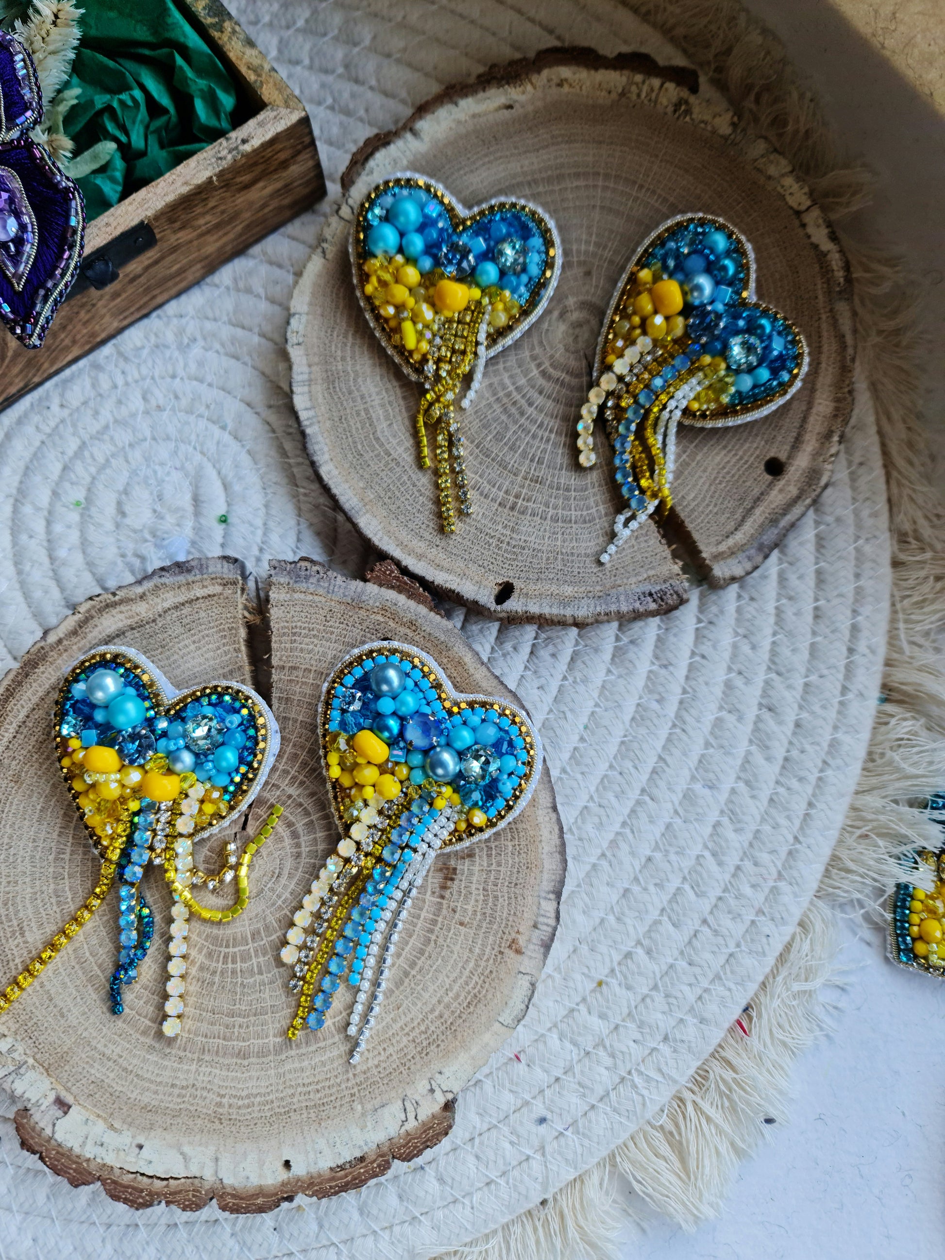 Blue and Yellow Heart Beaded Brooch