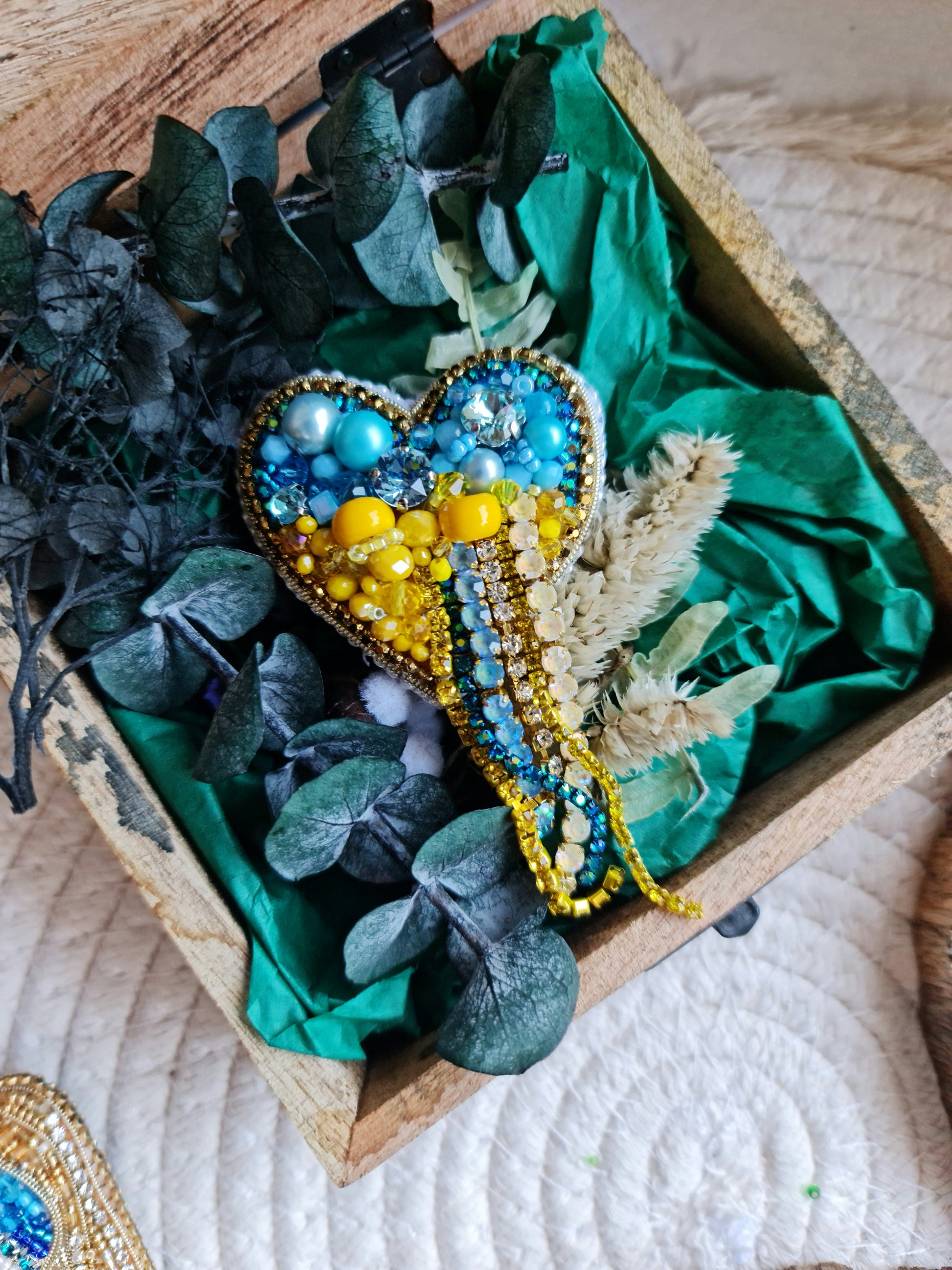 Blue and Yellow Heart Beaded Brooch