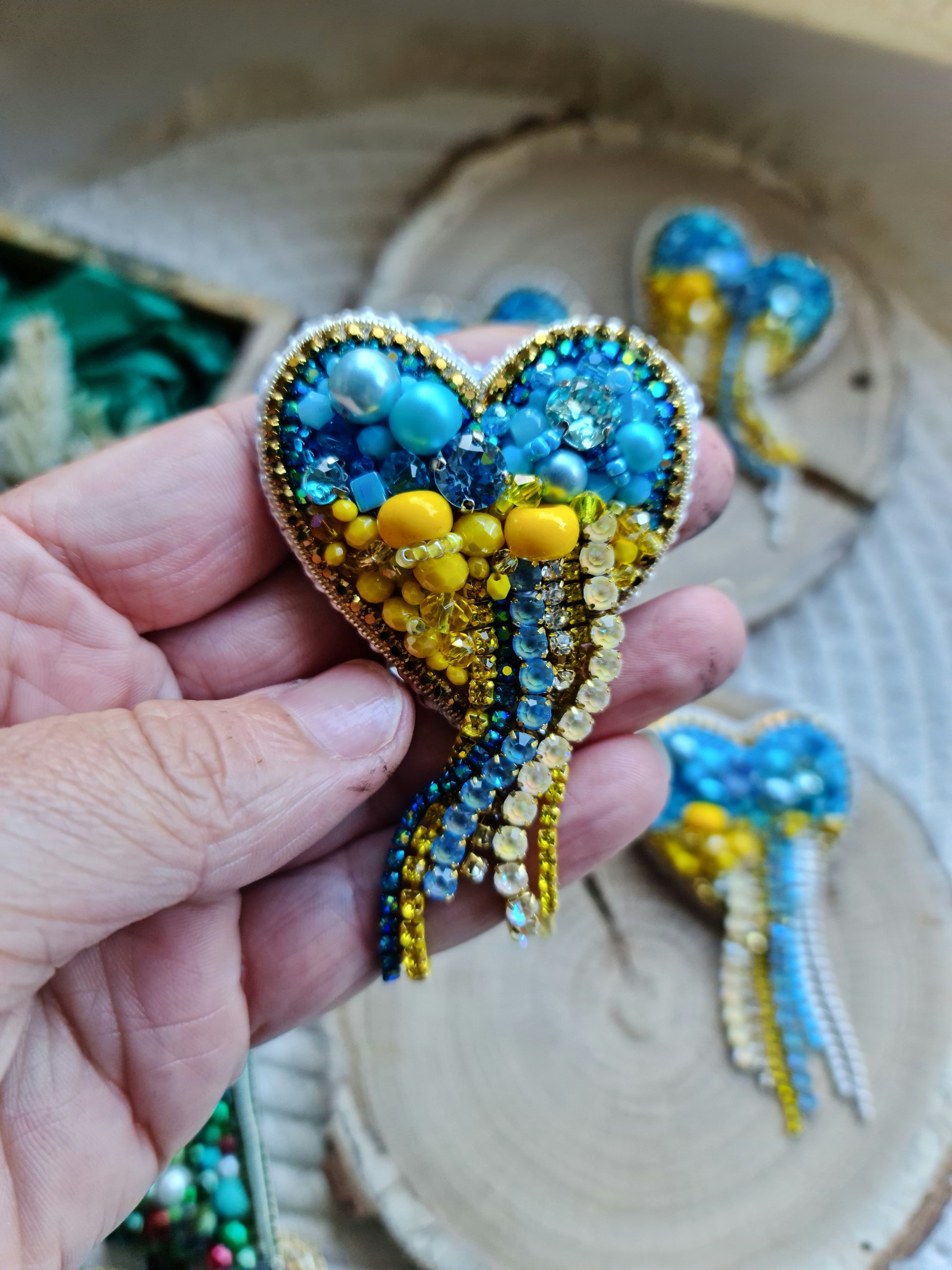 Blue and Yellow Heart Beaded Brooch